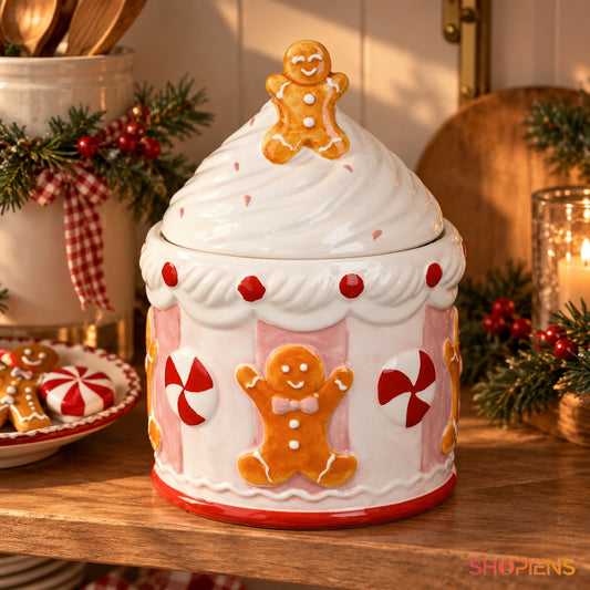 Borcan ceramic brioșă cu om de turtă dulce în decor de Crăciun