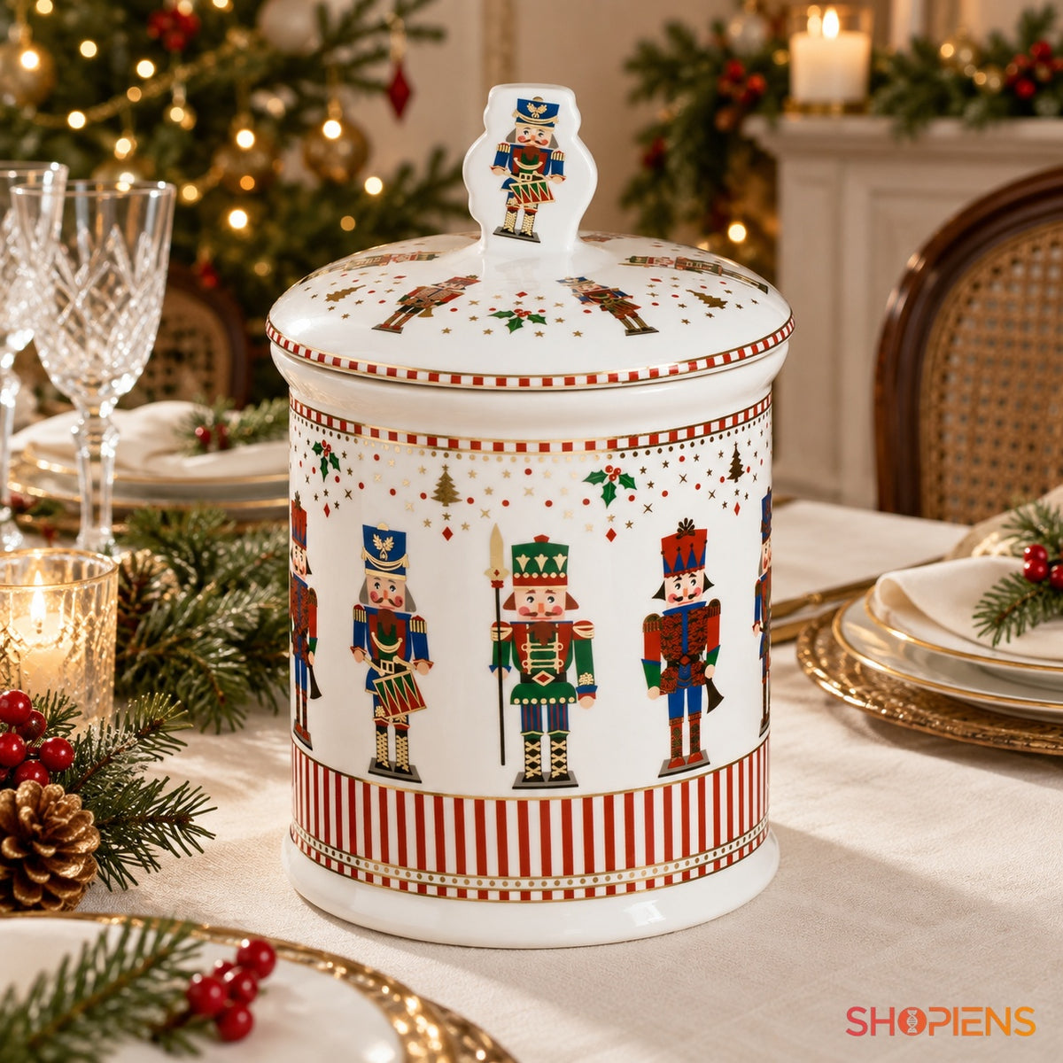 Borcan ceramic cu soldăței de Crăciun, 23 cm în decor de Crăciun