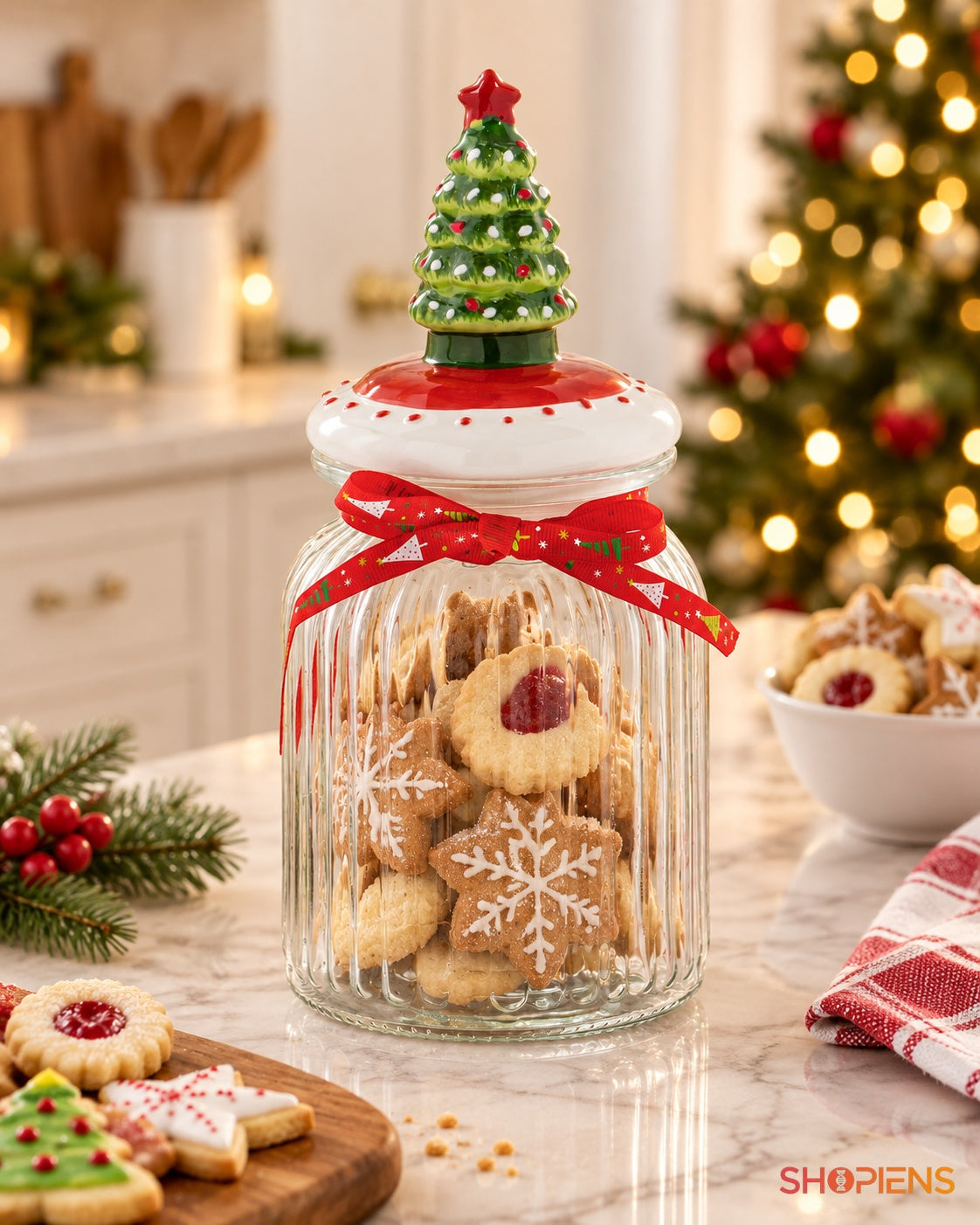 Borcan pentru biscuiți cu capac ceramic brad în decor de Crăciun