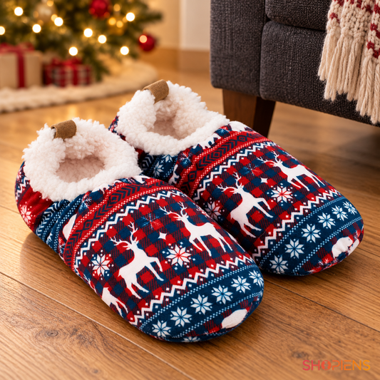 Botoși roșii în carouri cu reni și căptușeală sherpa, pereche nepurtată în decor de interior, decor neinclus pentru mărimea 37-39 | Shopiens®