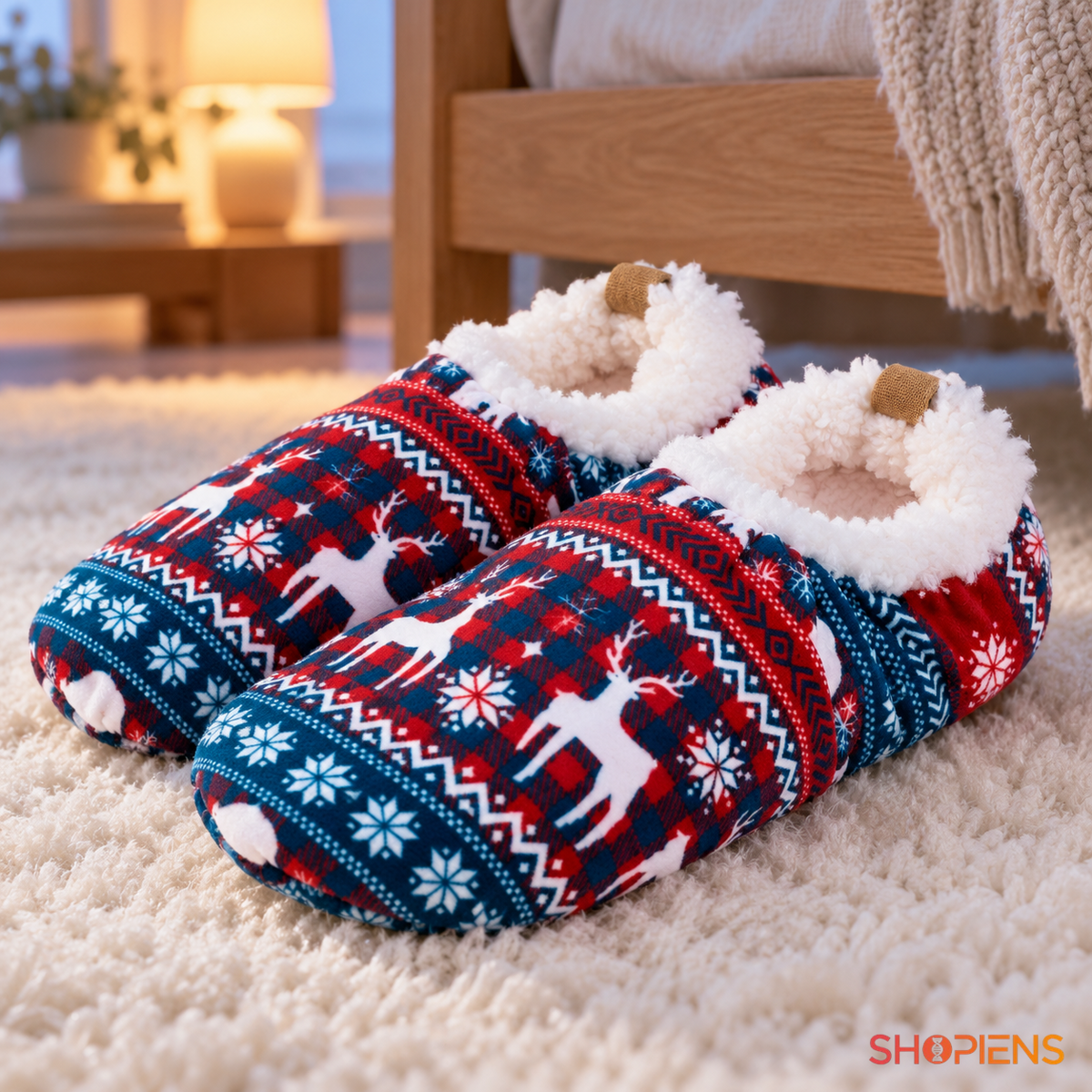 Botoși roșii în carouri cu reni și căptușeală sherpa, pereche nepurtată în decor de interior, decor neinclus pentru mărimea 43-46 | Shopiens®