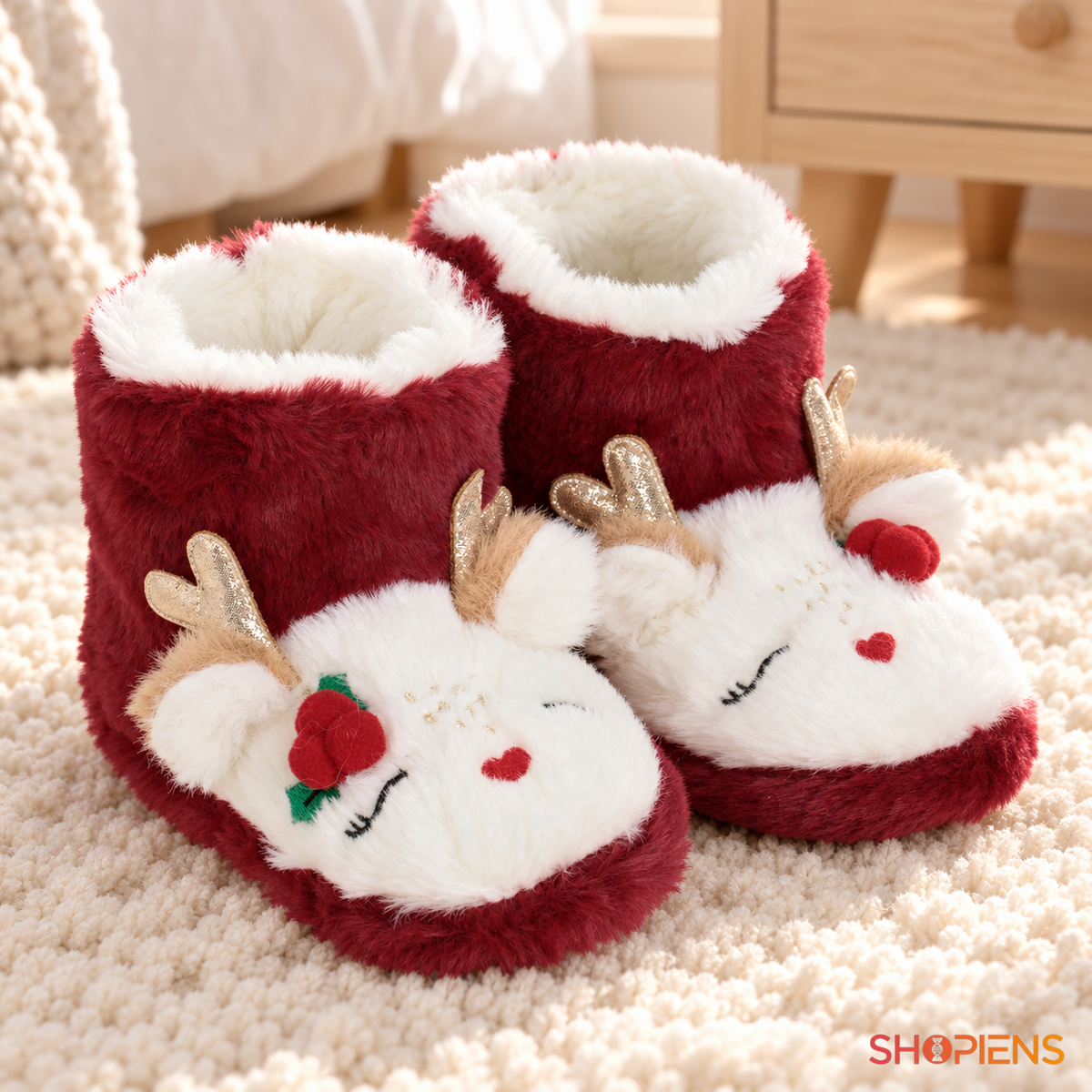 Botoși bordo cu ren și coarne strălucitoare pentru copii, pereche nepurtată în decor de interior, decor neinclus pentru mărimea 24-25 | Shopiens®