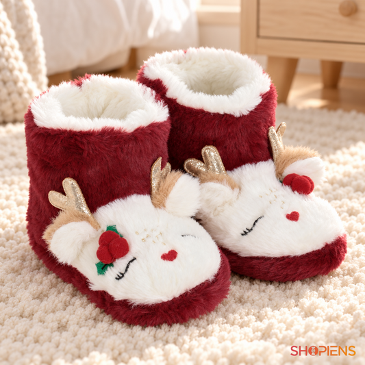 Botoși bordo cu ren și coarne strălucitoare pentru copii, pereche nepurtată în decor de interior, decor neinclus pentru mărimea 24-25 | Shopiens®