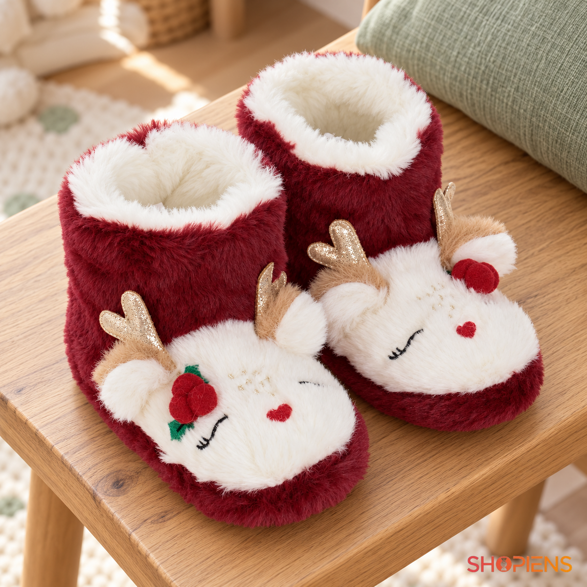 Botoși bordo cu ren și coarne strălucitoare pentru copii, pereche nepurtată în decor de interior, decor neinclus pentru mărimea 26-27 | Shopiens®