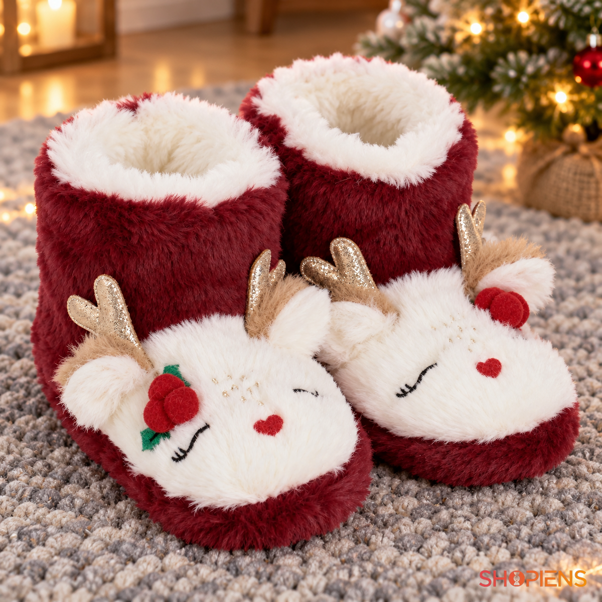 Botoși bordo cu ren și coarne strălucitoare pentru copii, pereche nepurtată în decor de interior, decor neinclus pentru mărimea 34-35 | Shopiens®