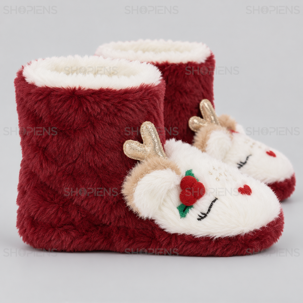 Botoși bordo cu ren și coarne strălucitoare pentru copii, vedere din profil dreapta pe fundal gri deschis | Shopiens®