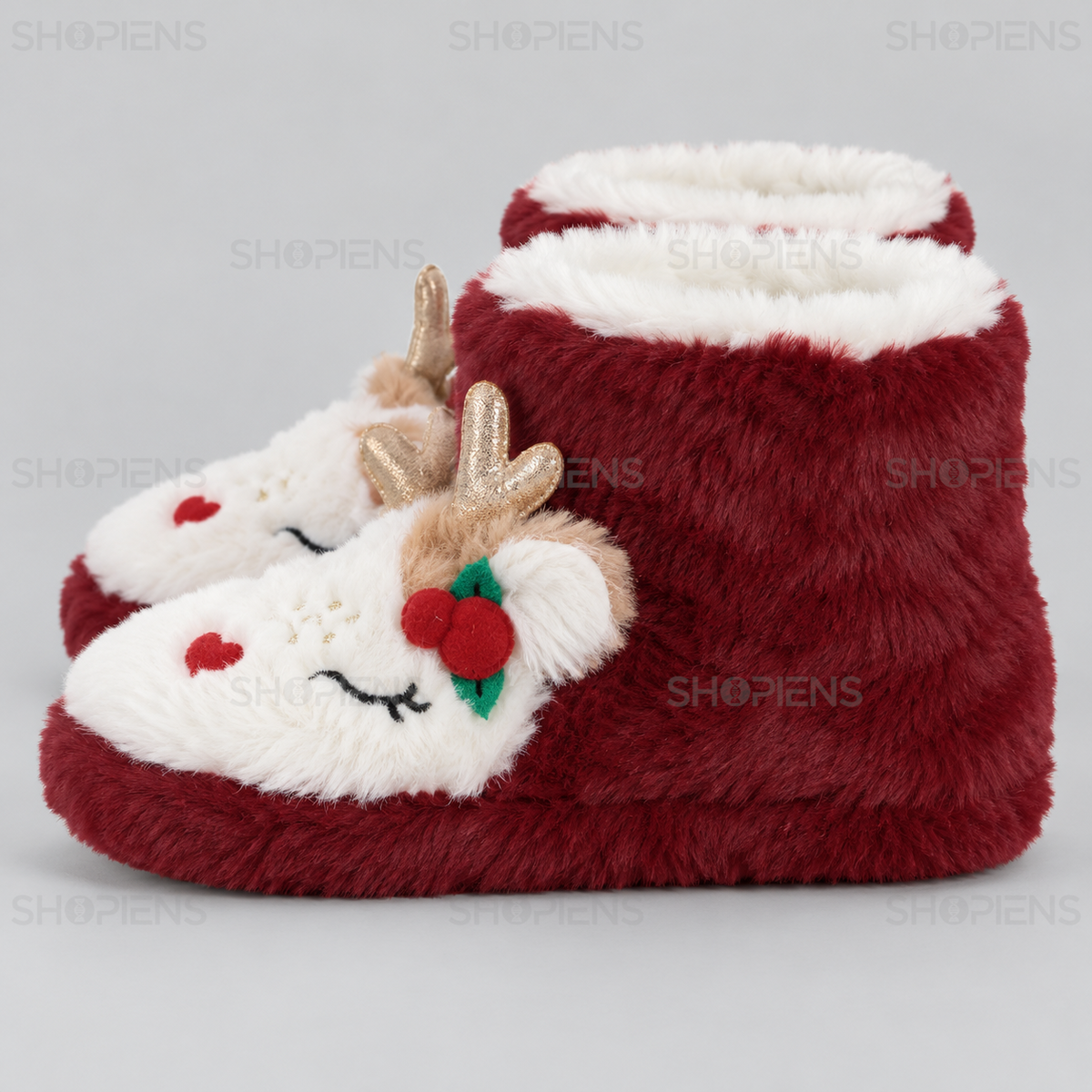 Botoși bordo cu ren și coarne strălucitoare pentru copii, vedere din profil stânga pe fundal gri deschis | Shopiens®