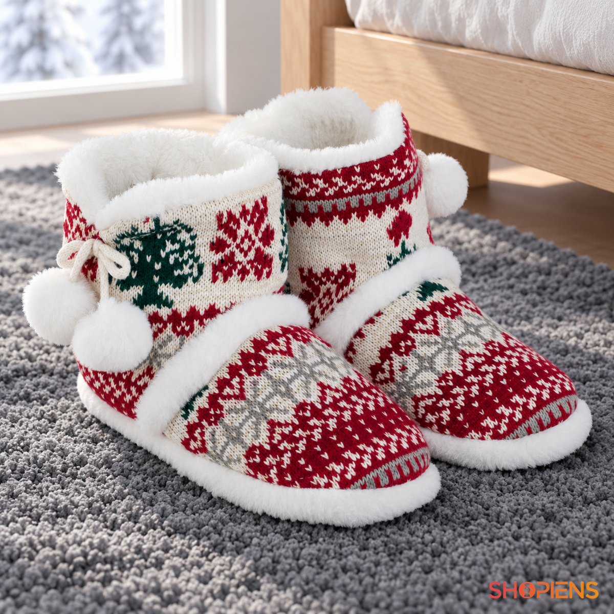 Botoși alb-roșii cu model jacquard și pompoane, pereche nepurtată în decor de interior, decor neinclus | Shopiens®