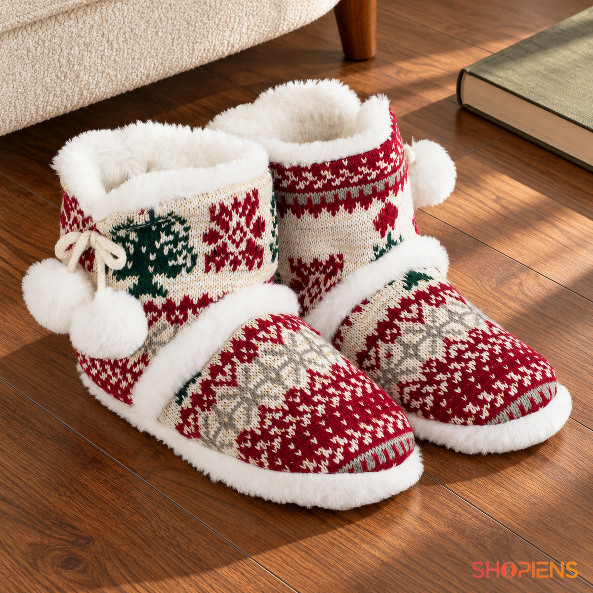 Botoși alb-roșii cu model jacquard și pompoane, pereche nepurtată în decor de interior, decor neinclus | Shopiens®