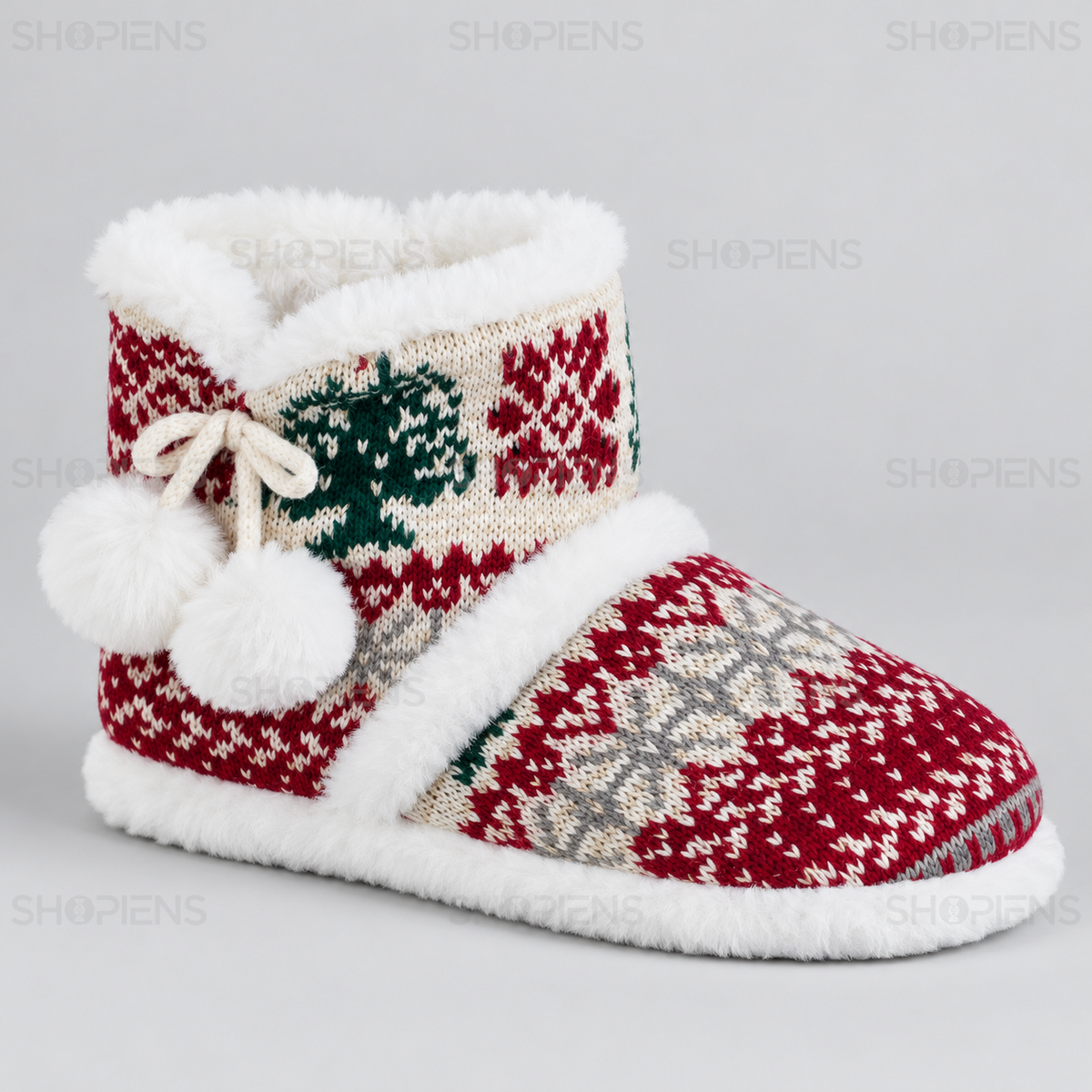 Botoși alb-roșii cu model jacquard și pompoane, vedere din profil dreapta pe fundal gri deschis | Shopiens®