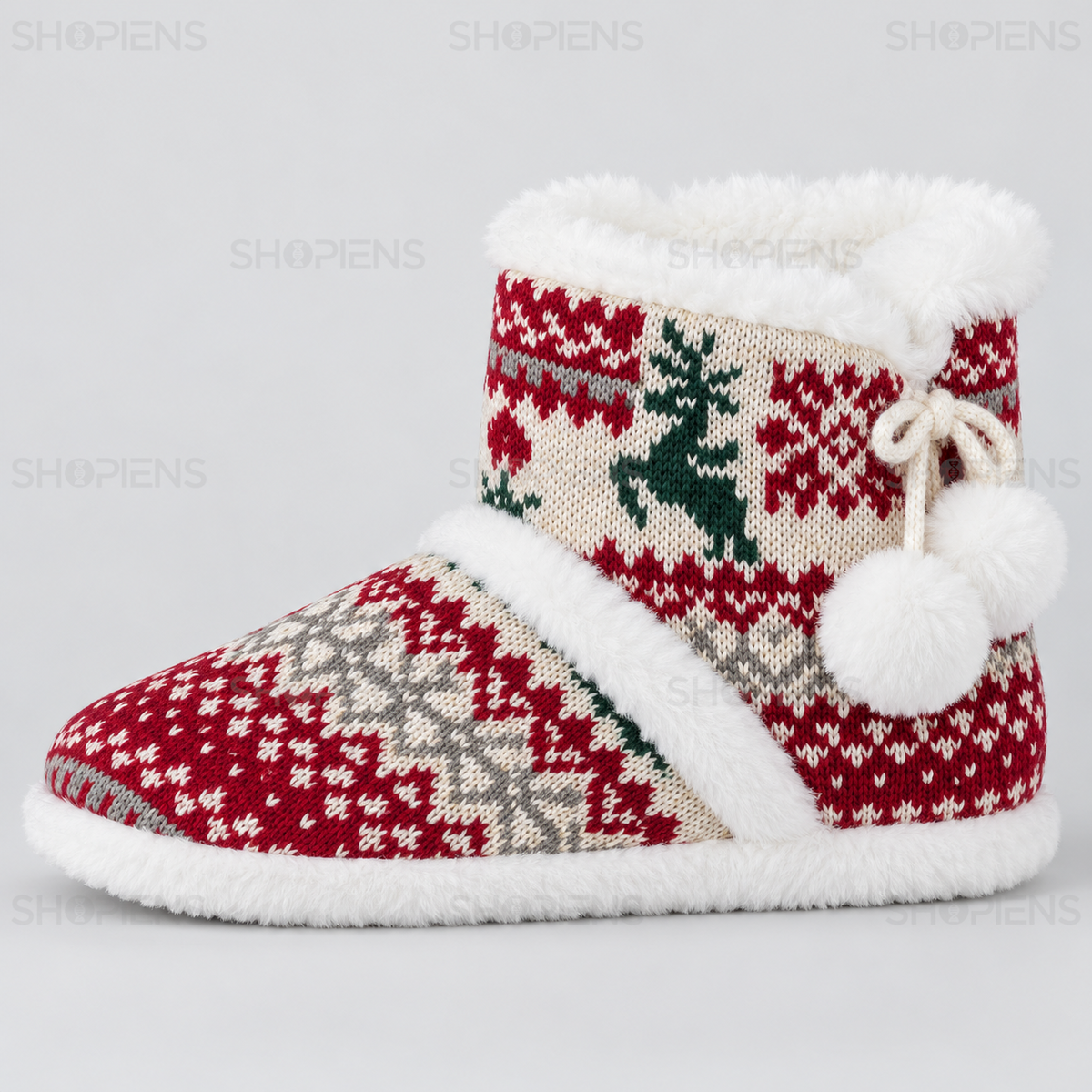 Botoși alb-roșii cu model jacquard și pompoane, vedere din profil stânga pe fundal gri deschis | Shopiens®