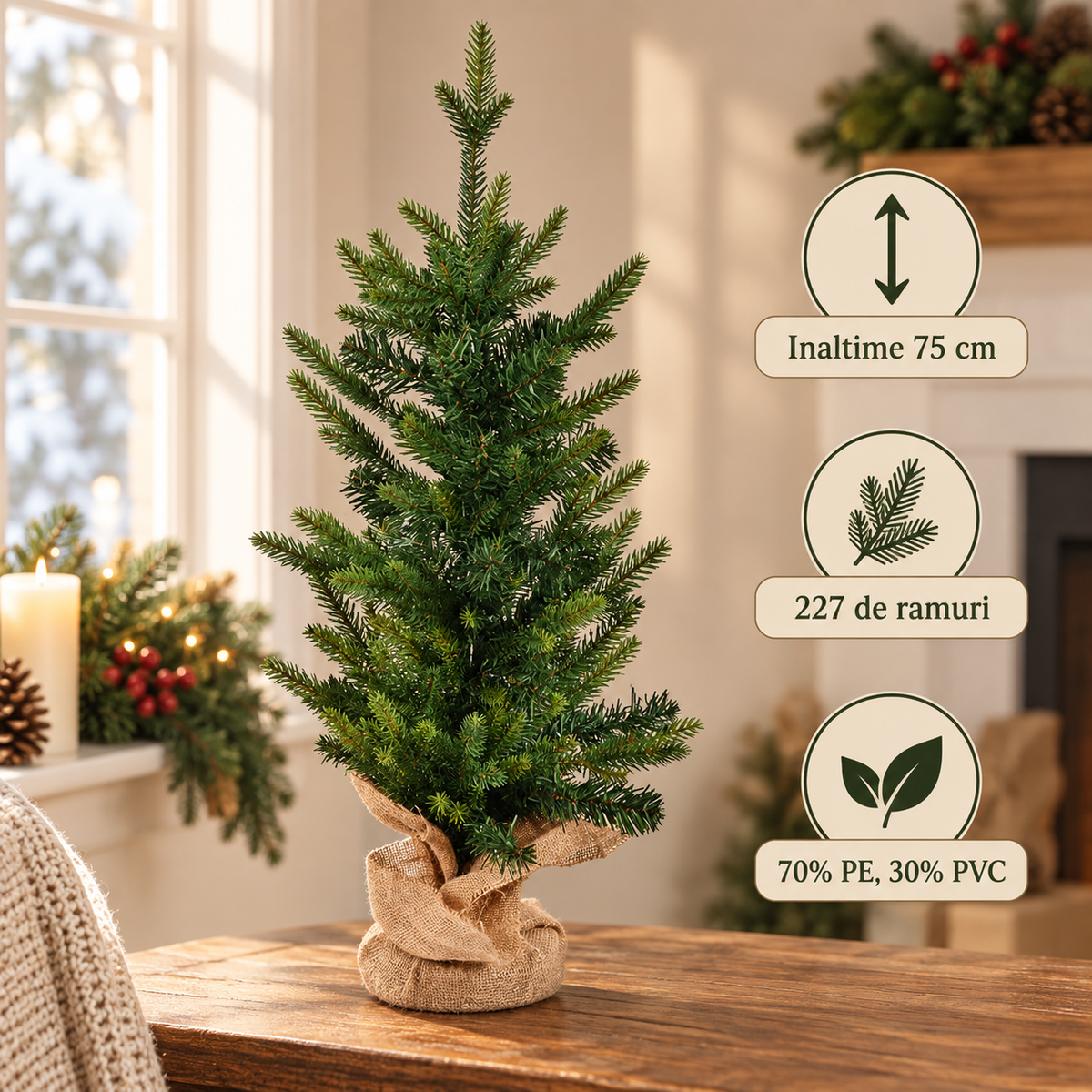 Brad Artificial Cu 227 De Ramuri Si Baza Din Iuta - specificatii - Shopiens