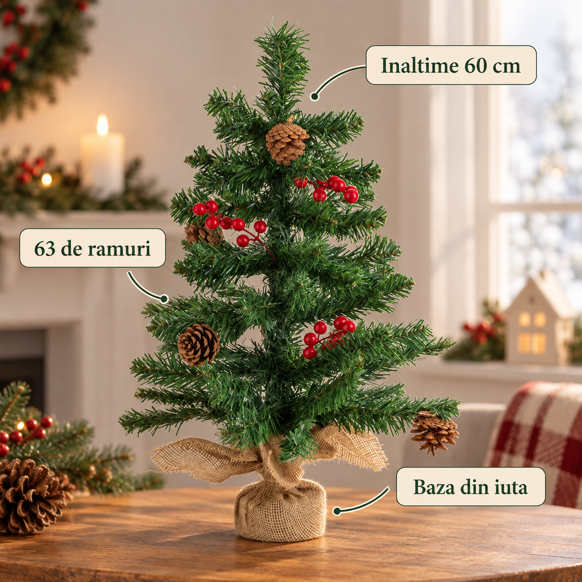 Brad Artificial Cu Conuri Si Pomusoare, 60 Cm - specificatii - Shopiens