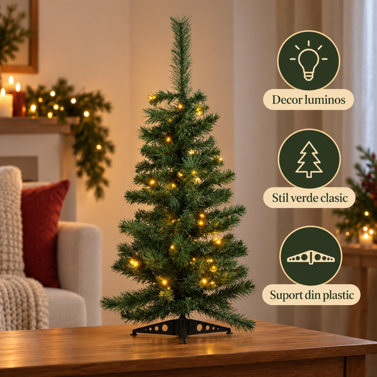 Brad Artificial Verde Cu 50 LED Alb Cald, 90 Cm - avantaje - Shopiens