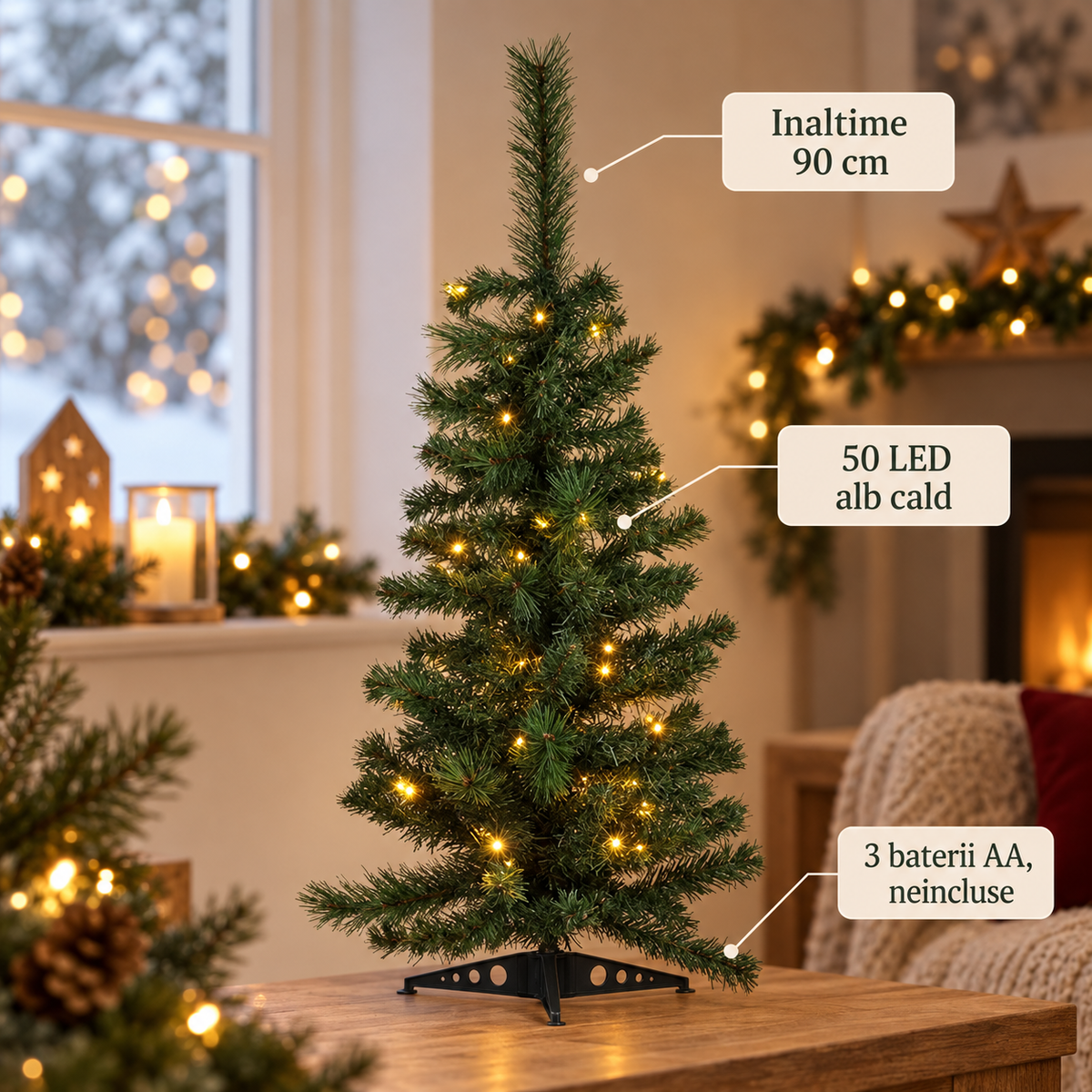 Brad Artificial Verde Cu 50 LED Alb Cald, 90 Cm - specificatii - Shopiens