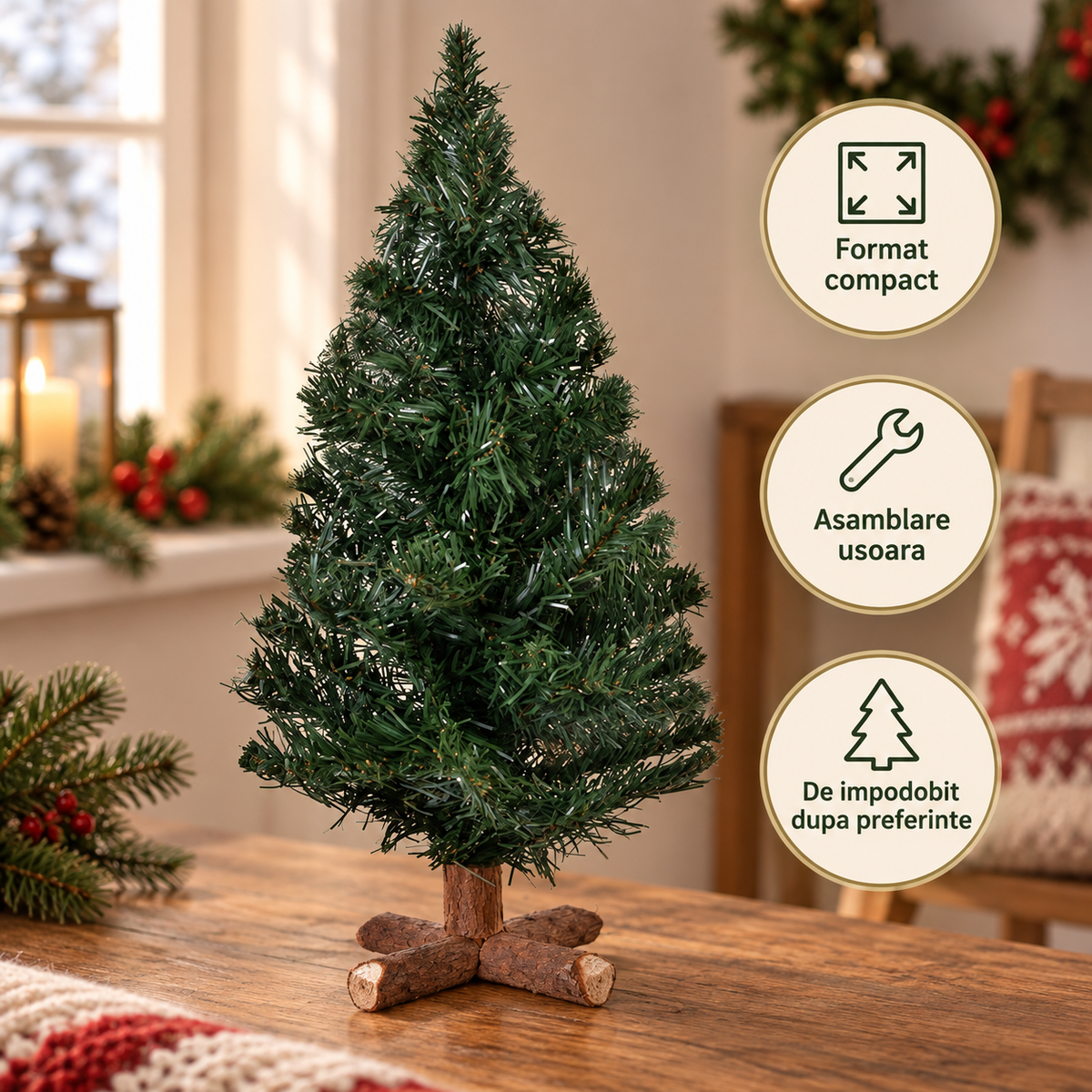 Brad Artificial Verde Cu Suport Din Lemn, 40 Cm - avantaje - Shopiens