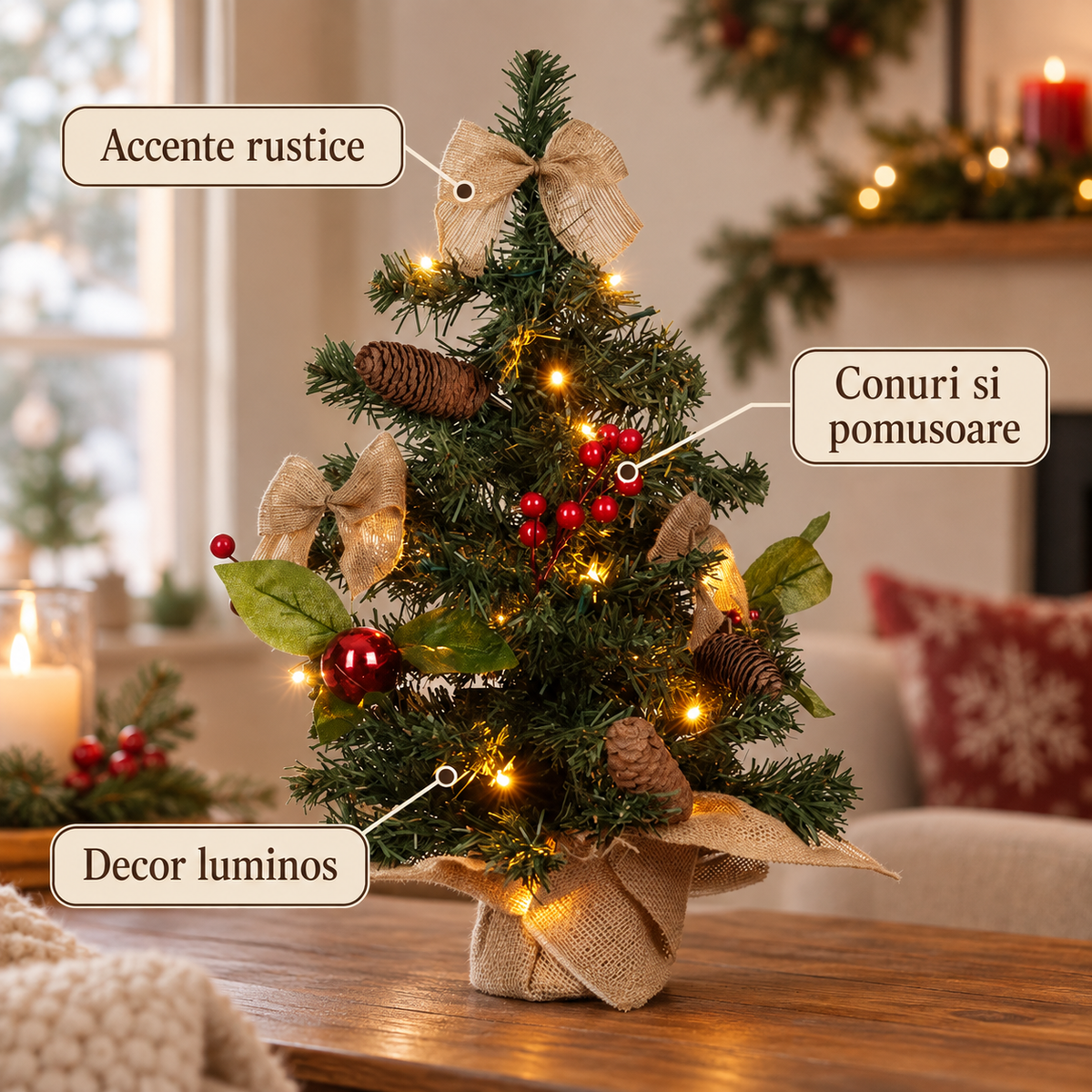 Brad De Masa Cu Conuri Si Lumina Calda, 50 Cm - avantaje - Shopiens