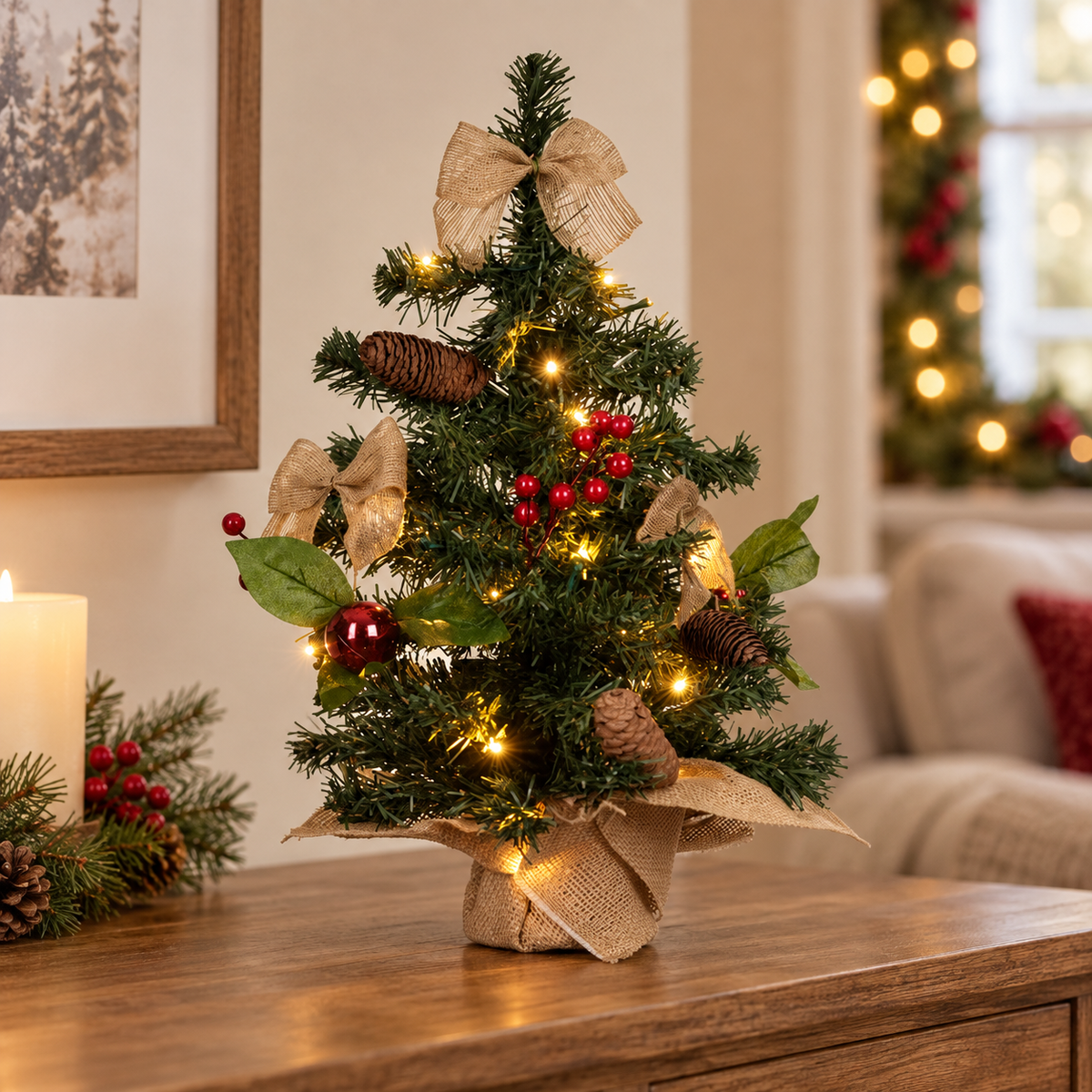 Brad De Masa Cu Conuri Si Lumina Calda, 50 Cm - lifestyle principala - Shopiens
