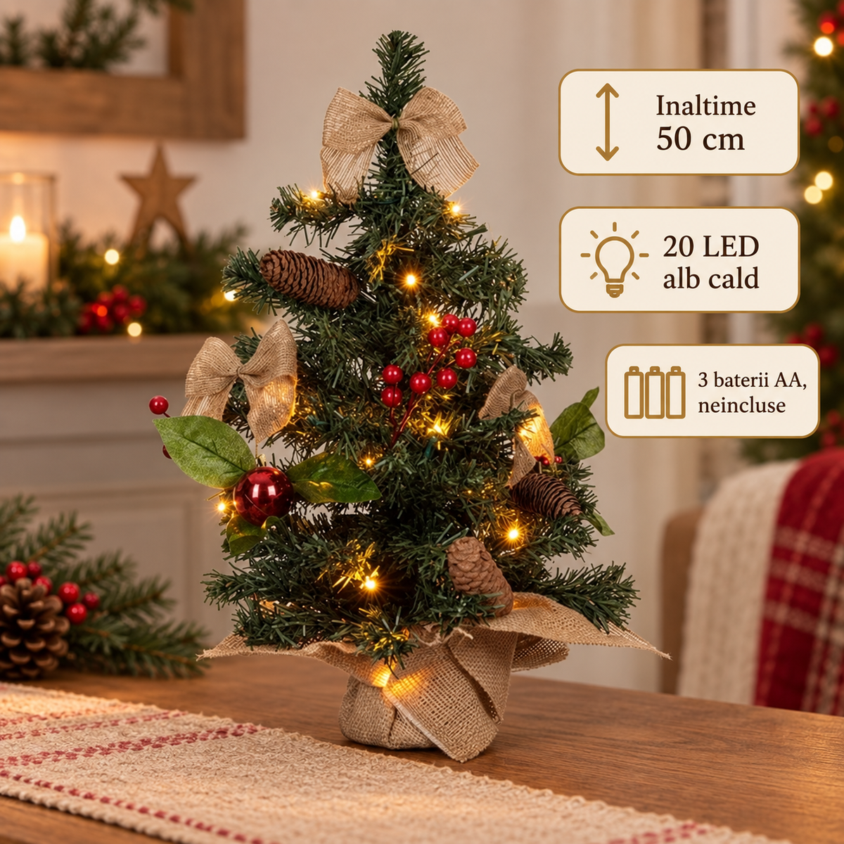 Brad De Masa Cu Conuri Si Lumina Calda, 50 Cm - specificatii - Shopiens