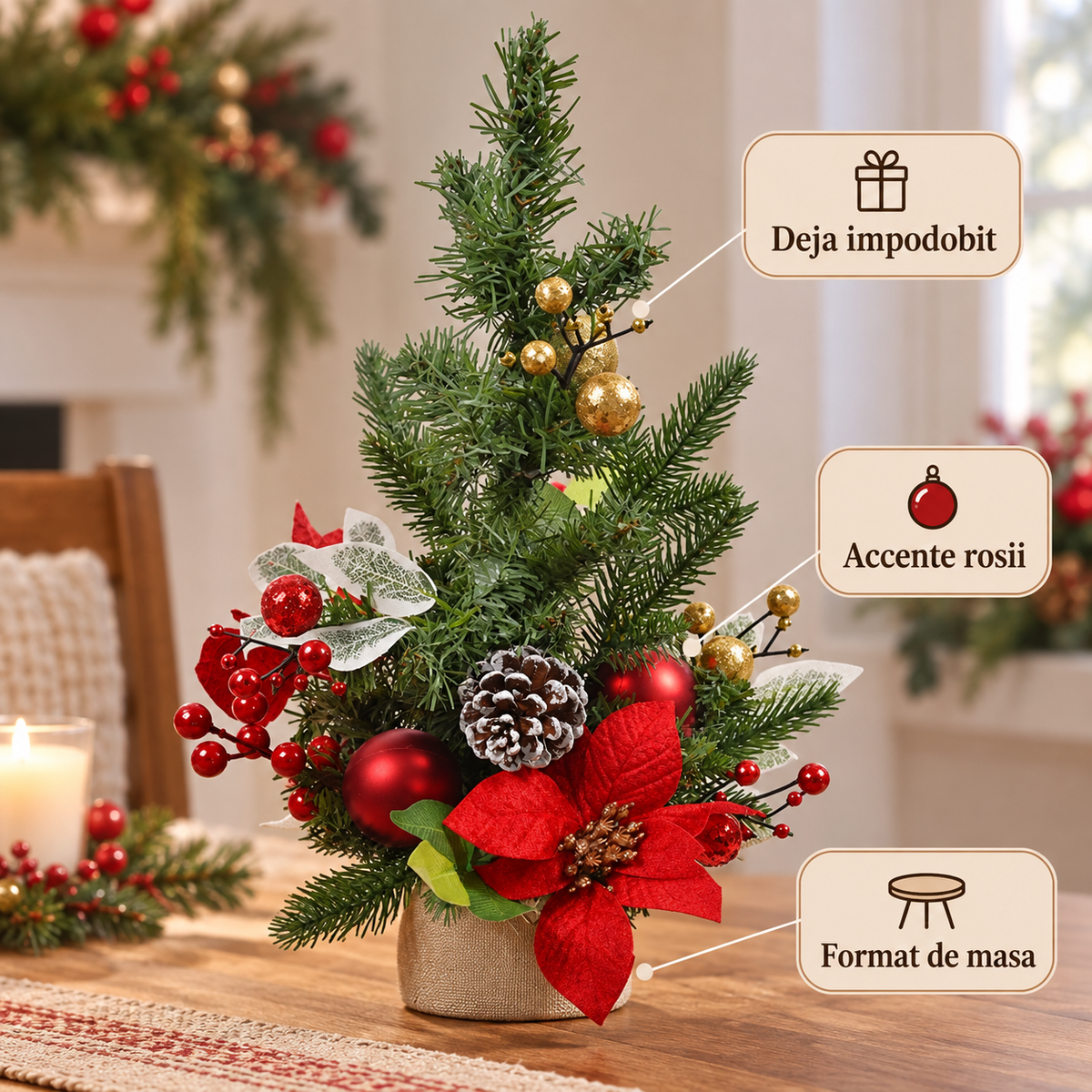Brad De Masa Cu Craciunite Rosii Si Globuri, 40 Cm - avantaje - Shopiens