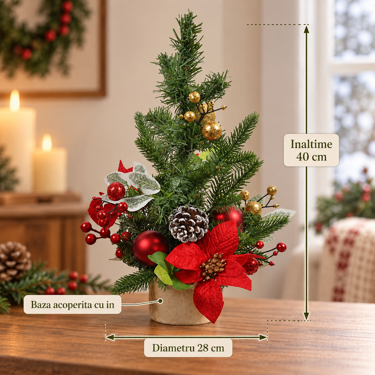 Brad De Masa Cu Craciunite Rosii Si Globuri, 40 Cm - specificatii - Shopiens