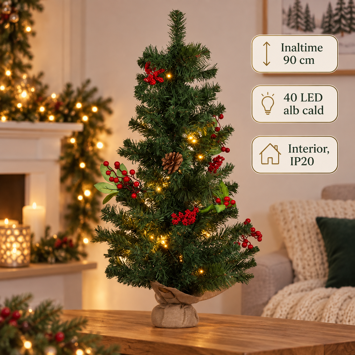 Brad Decorativ Cu Pomusoare Si 40 LED, 90 Cm - specificatii - Shopiens