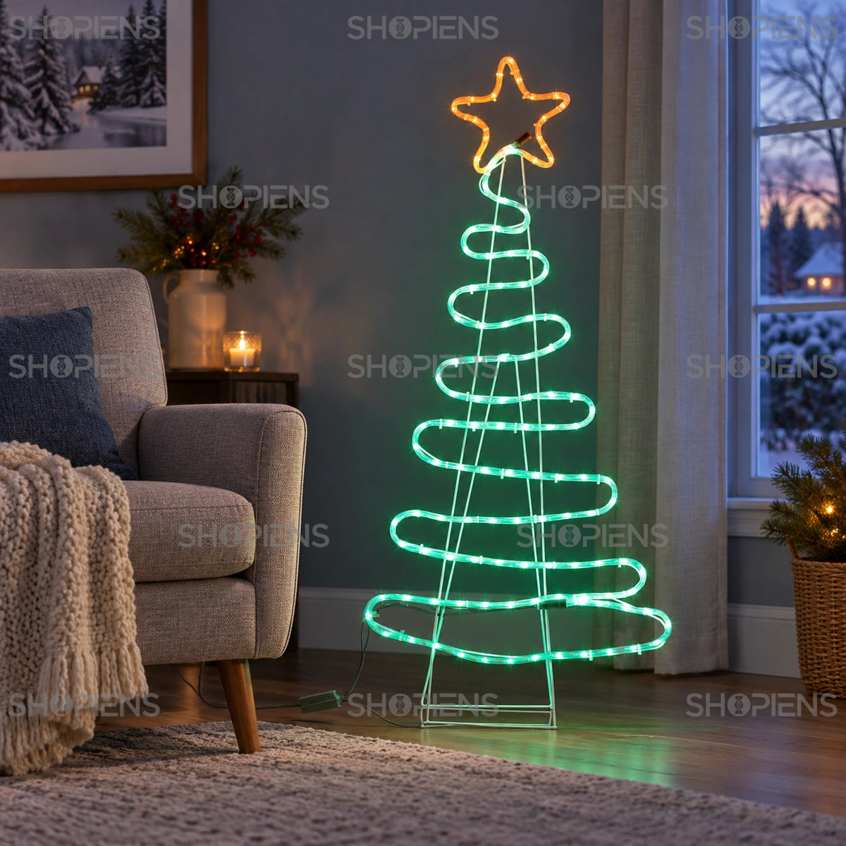 Brad din furtun LED cu stea, 51 × 112 cm, lângă un fotoliu | Shopiens®