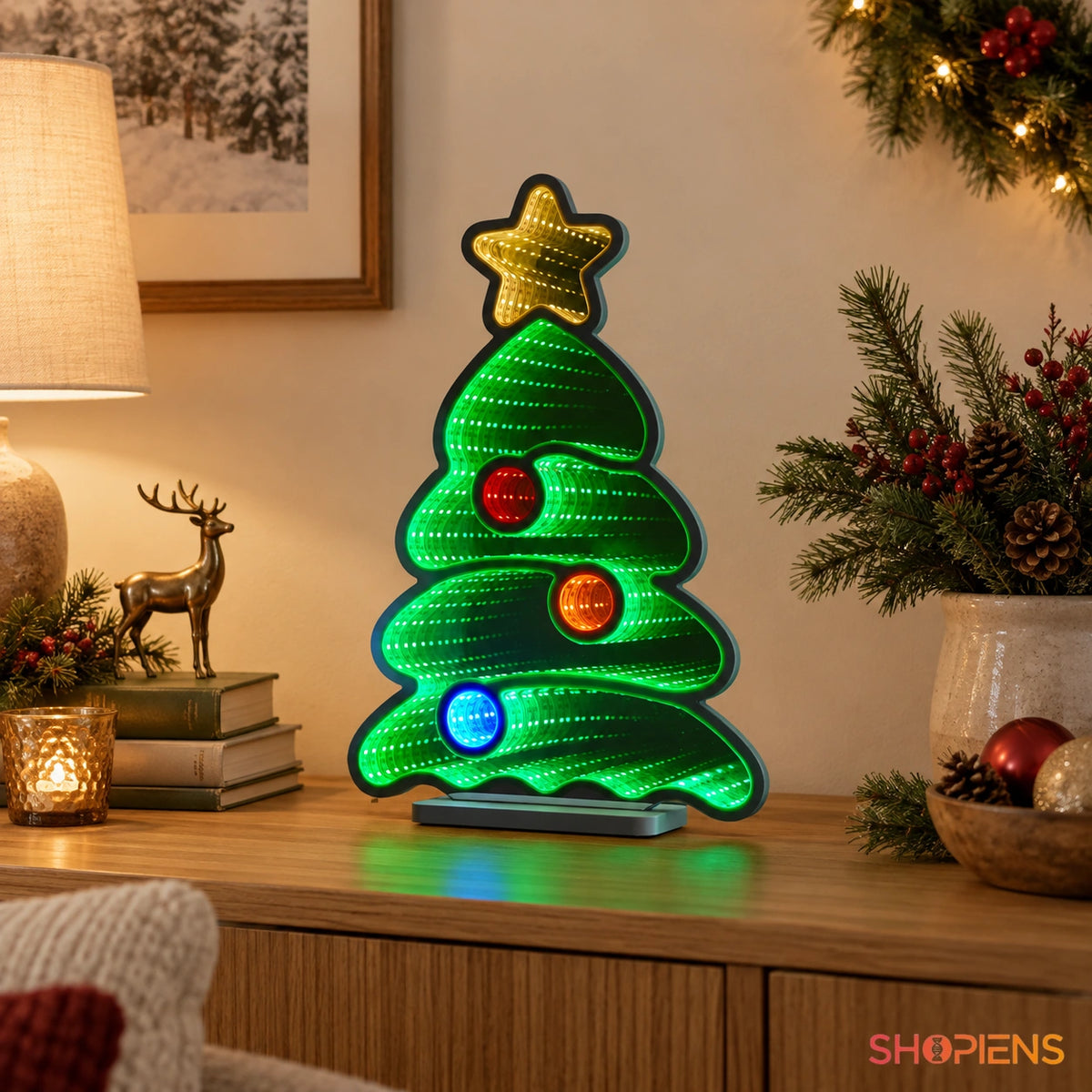 Lampă brad cu globuri și oglindă infinită, 39 cm, pe o consolă în decor de Crăciun | Shopiens®