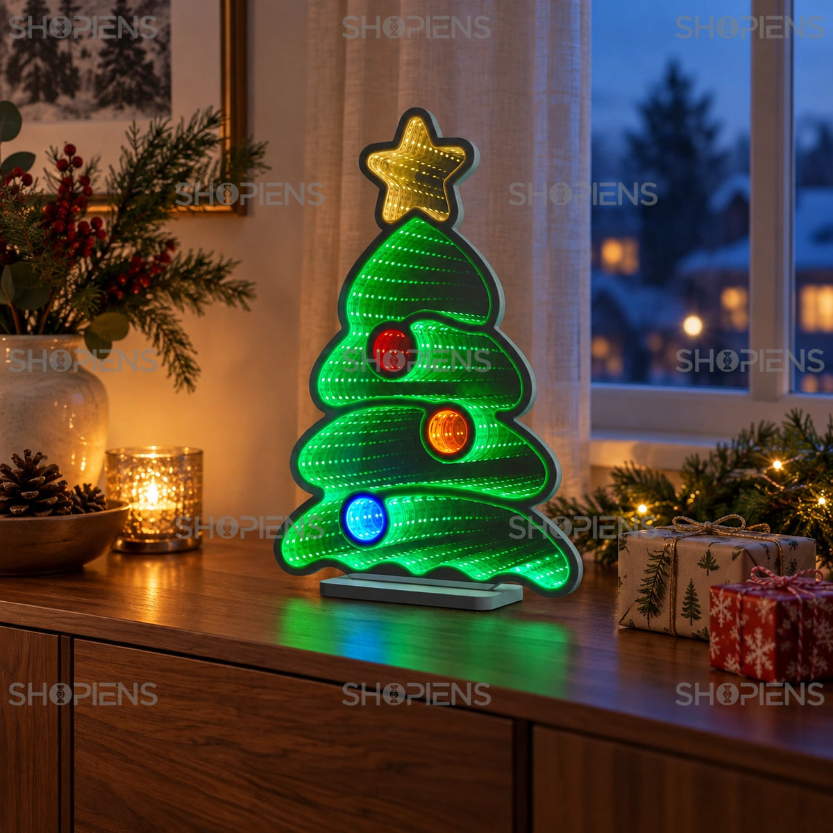 Lampă brad cu globuri și oglindă infinită, 39 cm, lângă fereastră în decor festiv | Shopiens®