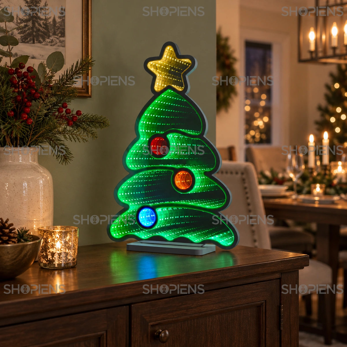Lampă brad cu globuri și oglindă infinită, 39 cm, pe o comodă în sufragerie | Shopiens®