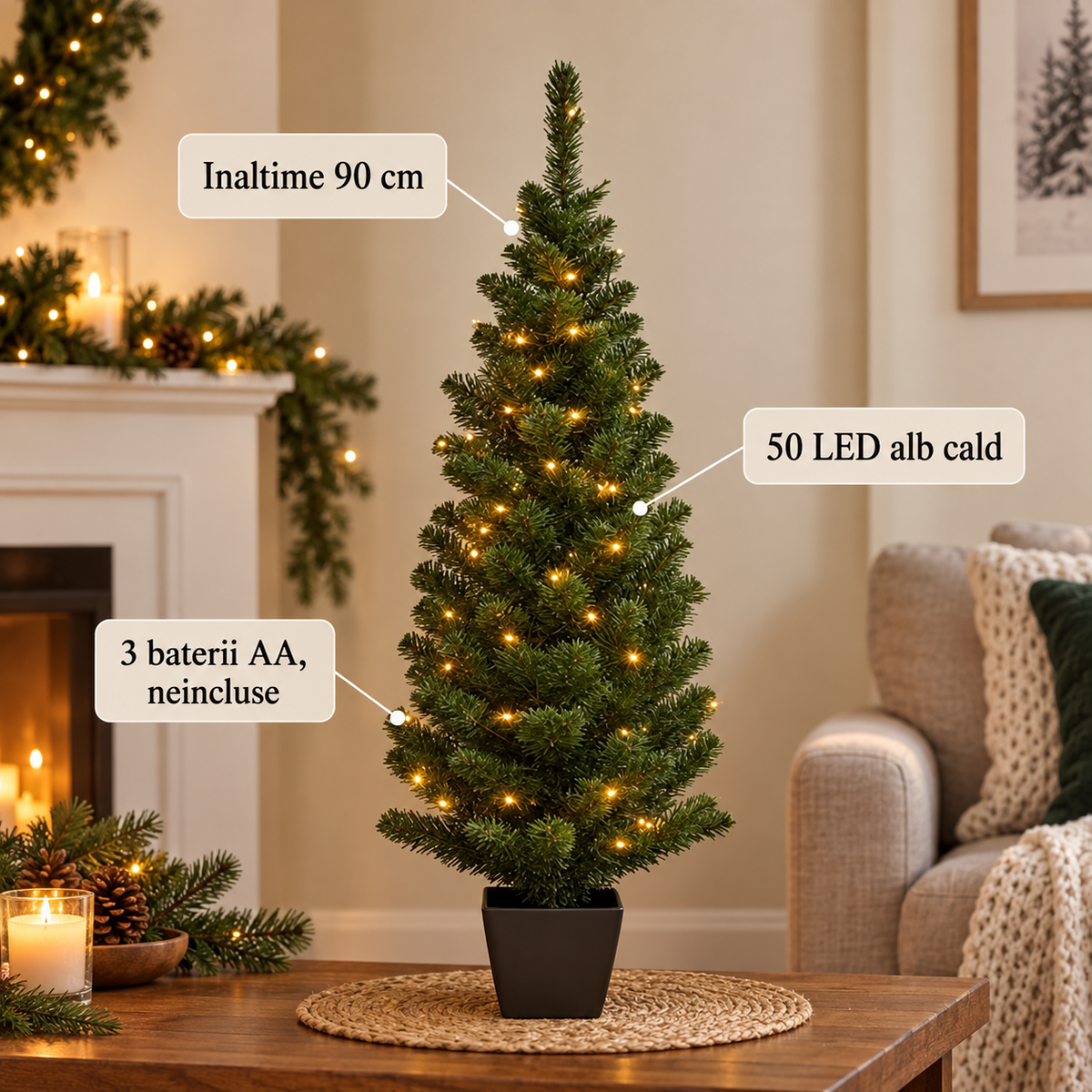 Brad Luminos In Ghiveci Patrat Cu 50 LED, 90 Cm - specificatii - Shopiens