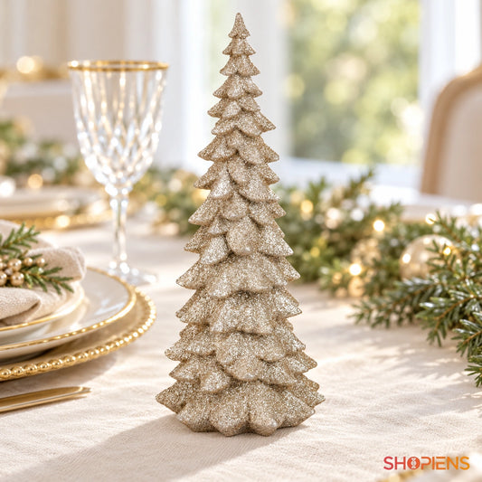 Brad ornamental cu ramuri șampanie și glitter, 33 cm pe masa de Crăciun, în lumină naturală | Shopiens®