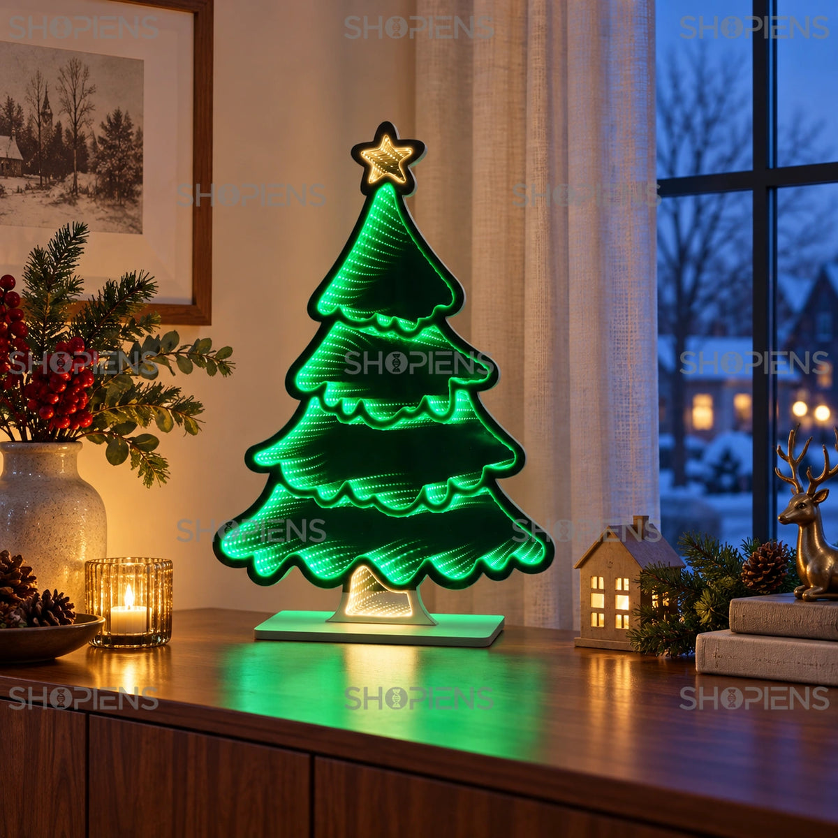 Brad luminos cu reflexii infinite și stea, 59 cm, lângă fereastră în decor festiv | Shopiens®