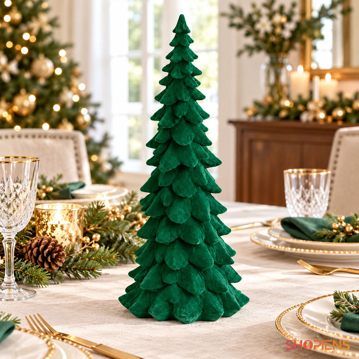 Brad decorativ înalt din polirășină verde catifelată, 32 cm pe masa festivă, în lumină naturală | Shopiens®