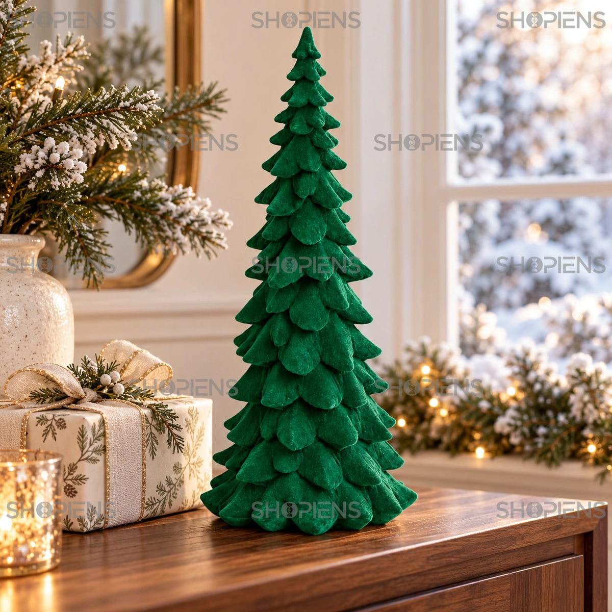 Brad decorativ înalt din polirășină verde catifelată, 32 cm pe o consolă lângă fereastră, într-un decor de iarnă | Shopiens®
