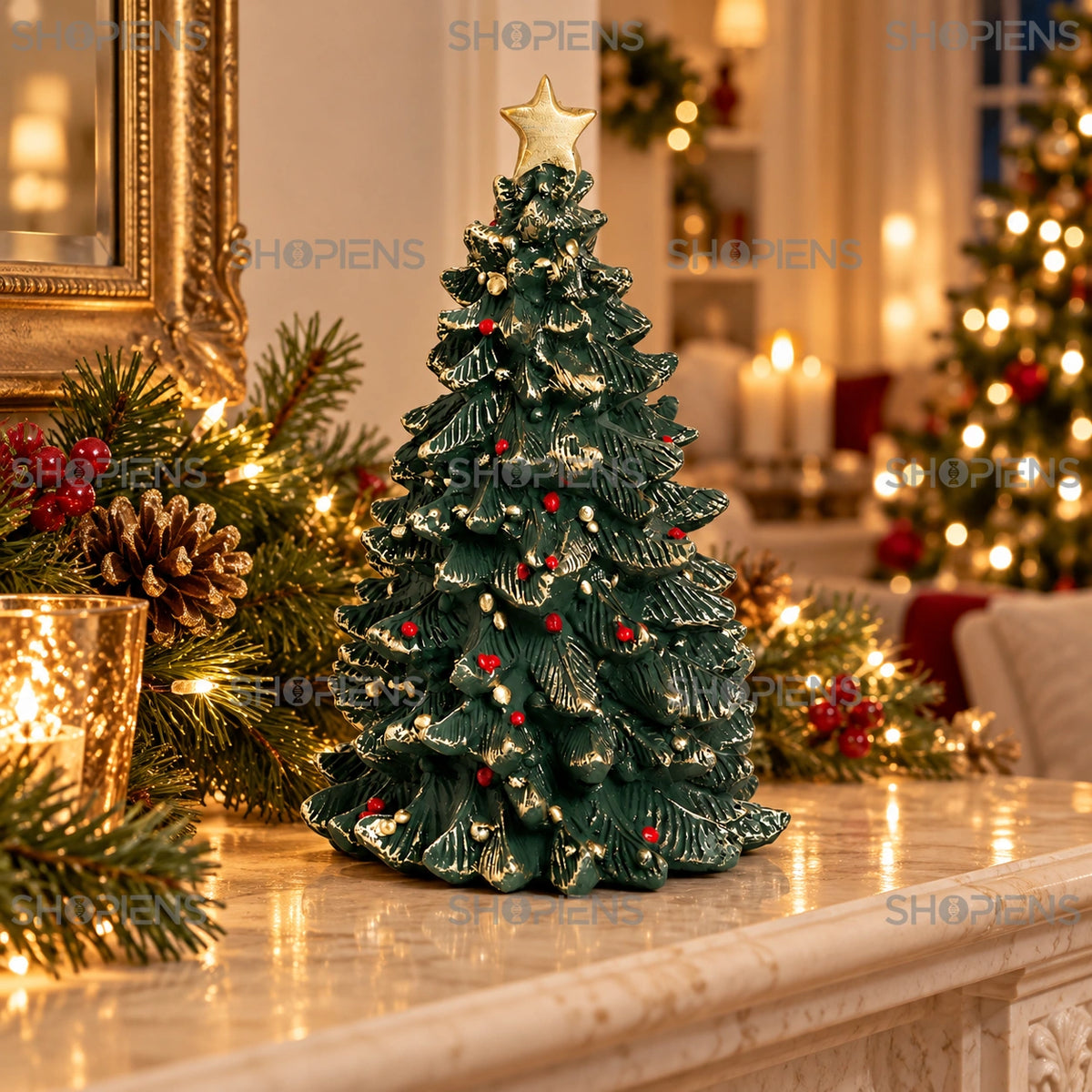 Brad vintage verde cu globuri roșii, 23 cm pe șemineu, într-un decor de seară cu lumini festive | Shopiens®