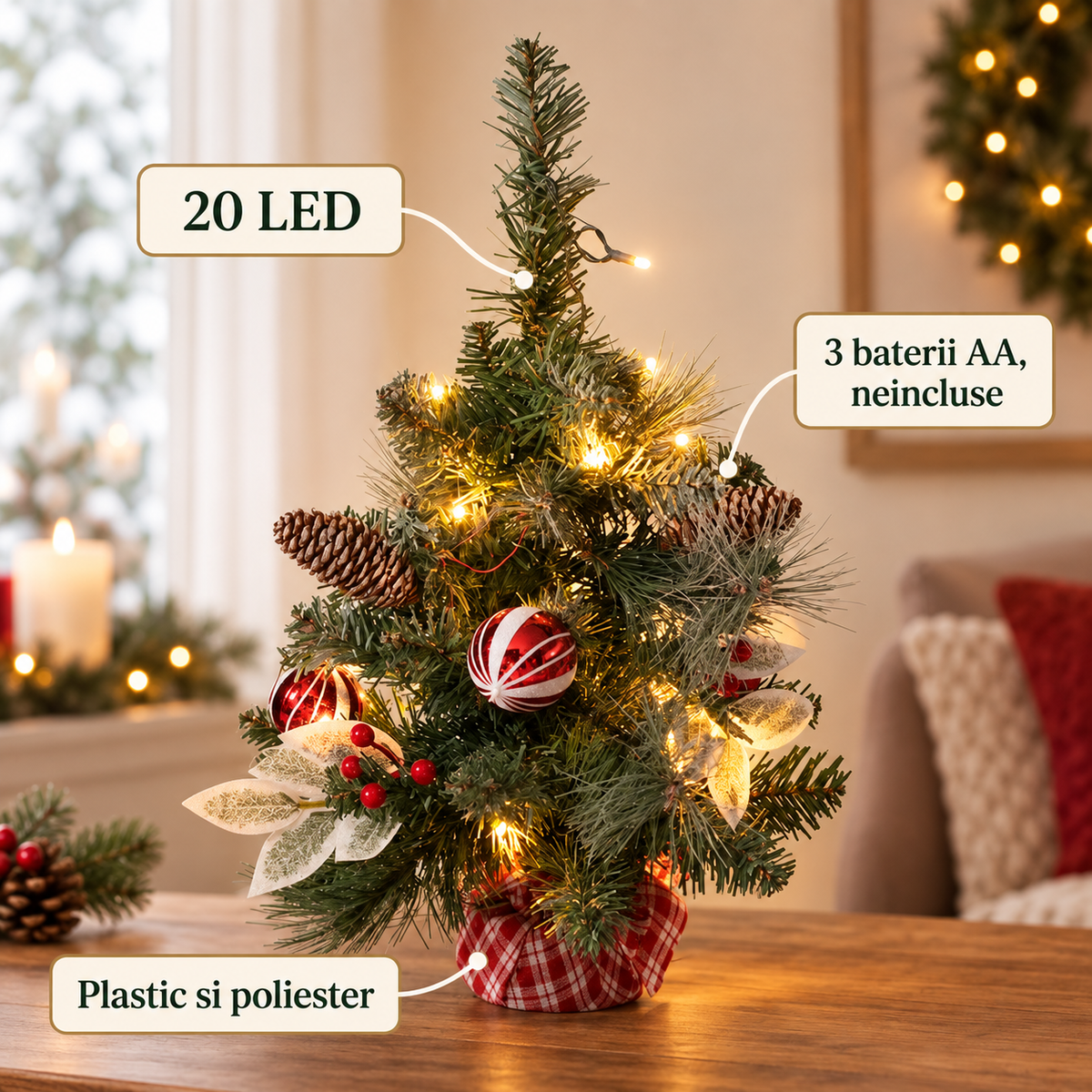 Bradut Cu 20 LED Si Baza Rosie In Carouri - specificatii - Shopiens