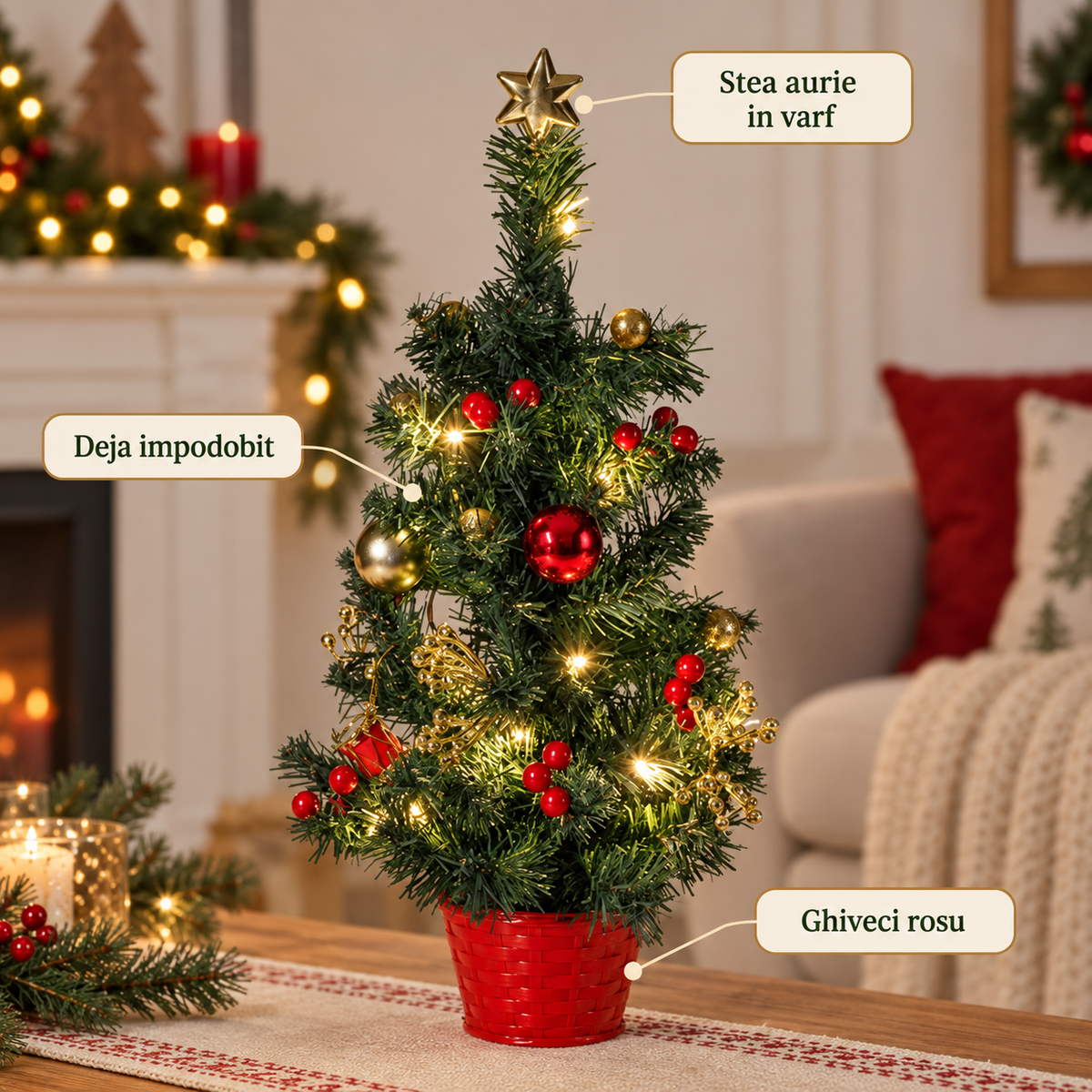 Bradut Cu Globuri Rosii Si Stea Aurie, 50 Cm - avantaje - Shopiens