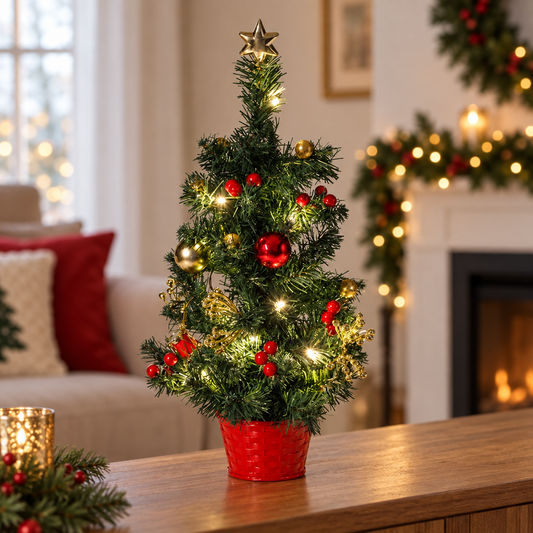 Bradut Cu Globuri Rosii Si Stea Aurie, 50 Cm - lifestyle principala - Shopiens
