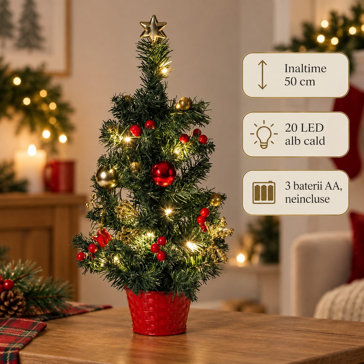 Bradut Cu Globuri Rosii Si Stea Aurie, 50 Cm - specificatii - Shopiens