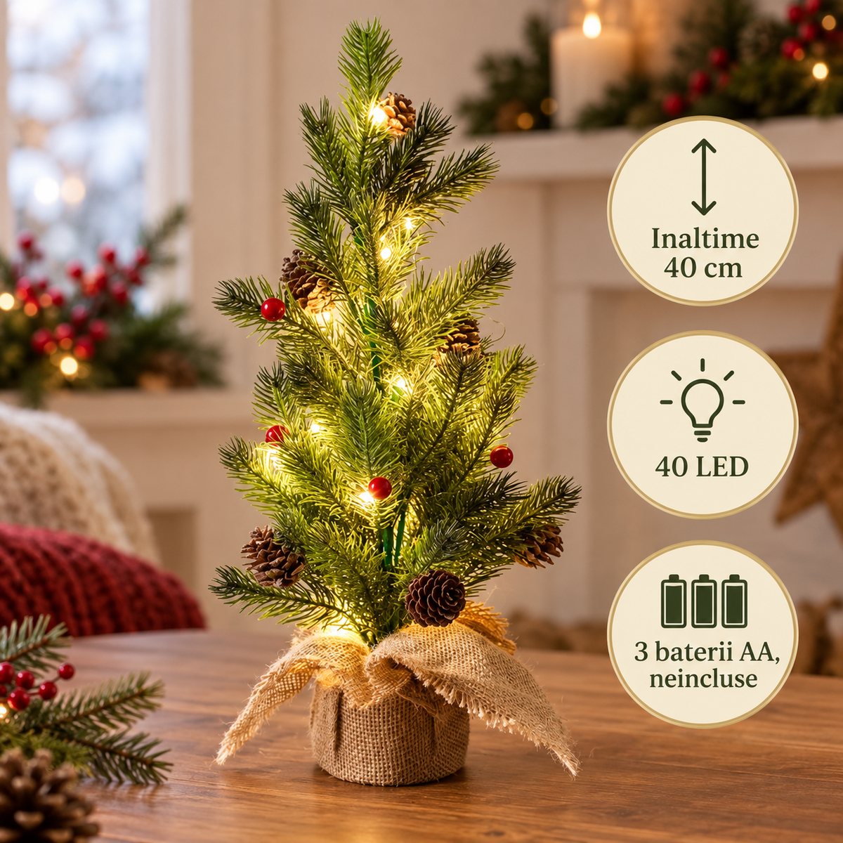 Bradut De Masa Cu Conuri Si 40 LED, 40 Cm - specificatii - Shopiens