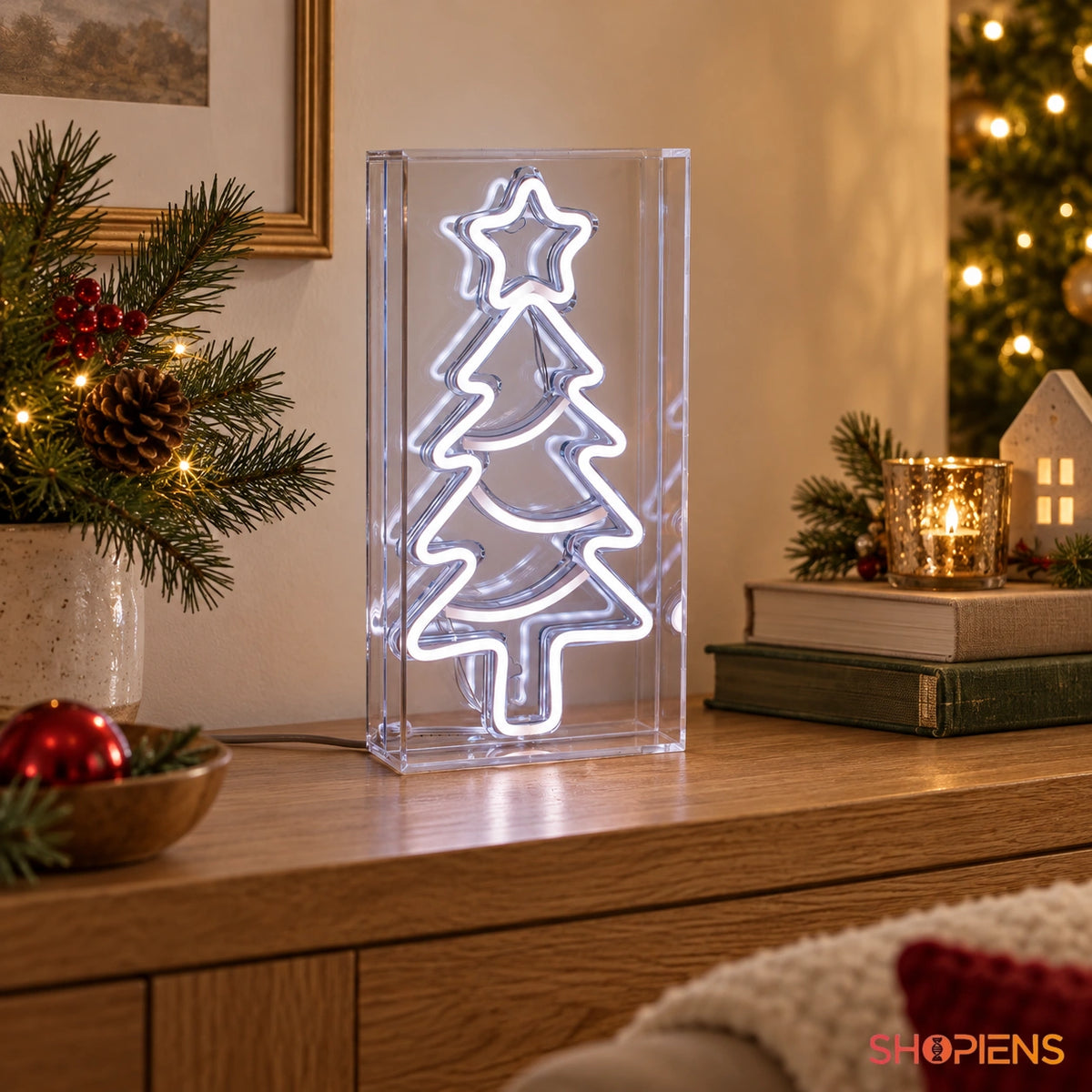 Brăduț neon multicolor cu telecomandă, 30 cm, pe o consolă în decor de Crăciun | Shopiens®