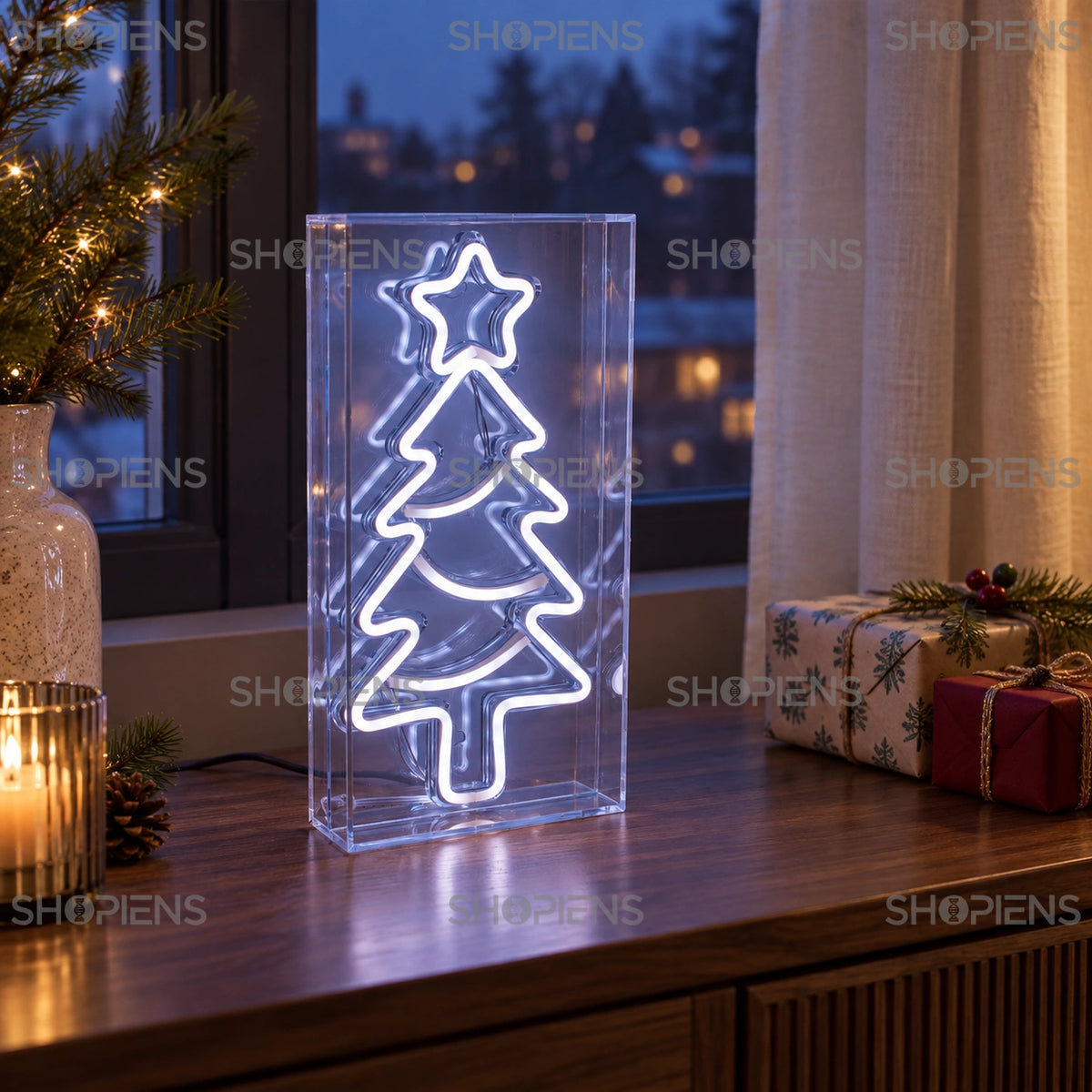 Brăduț neon multicolor cu telecomandă, 30 cm, lângă fereastră în decor festiv | Shopiens®