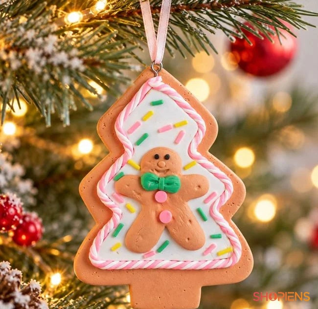 Brăduț de turtă dulce cu omuleț și glazură roz, 10 cm, în brad, decor neinclus | Shopiens®