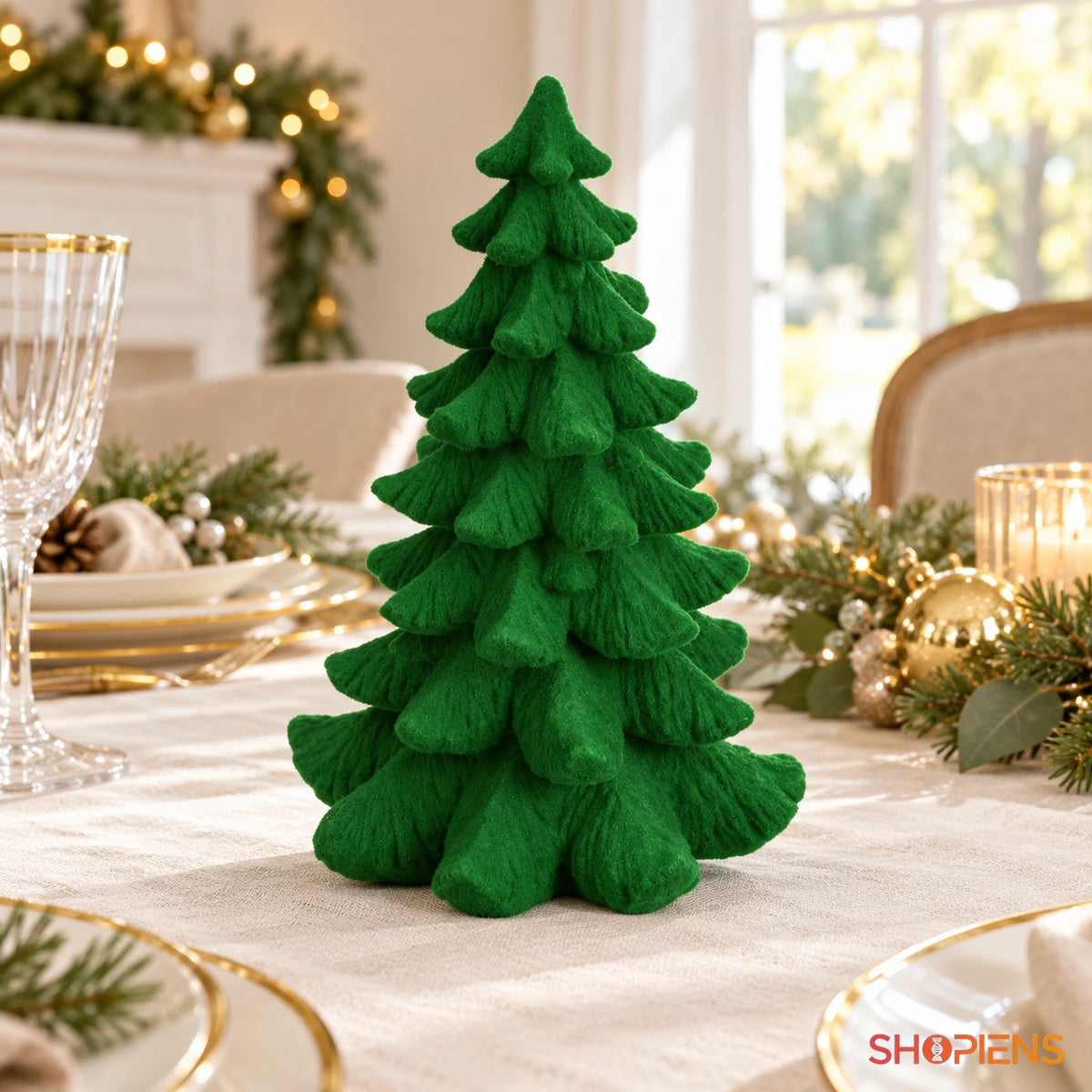 Brăduț ornamental verde catifelat, 21 cm pe masa festivă, în lumină naturală | Shopiens®