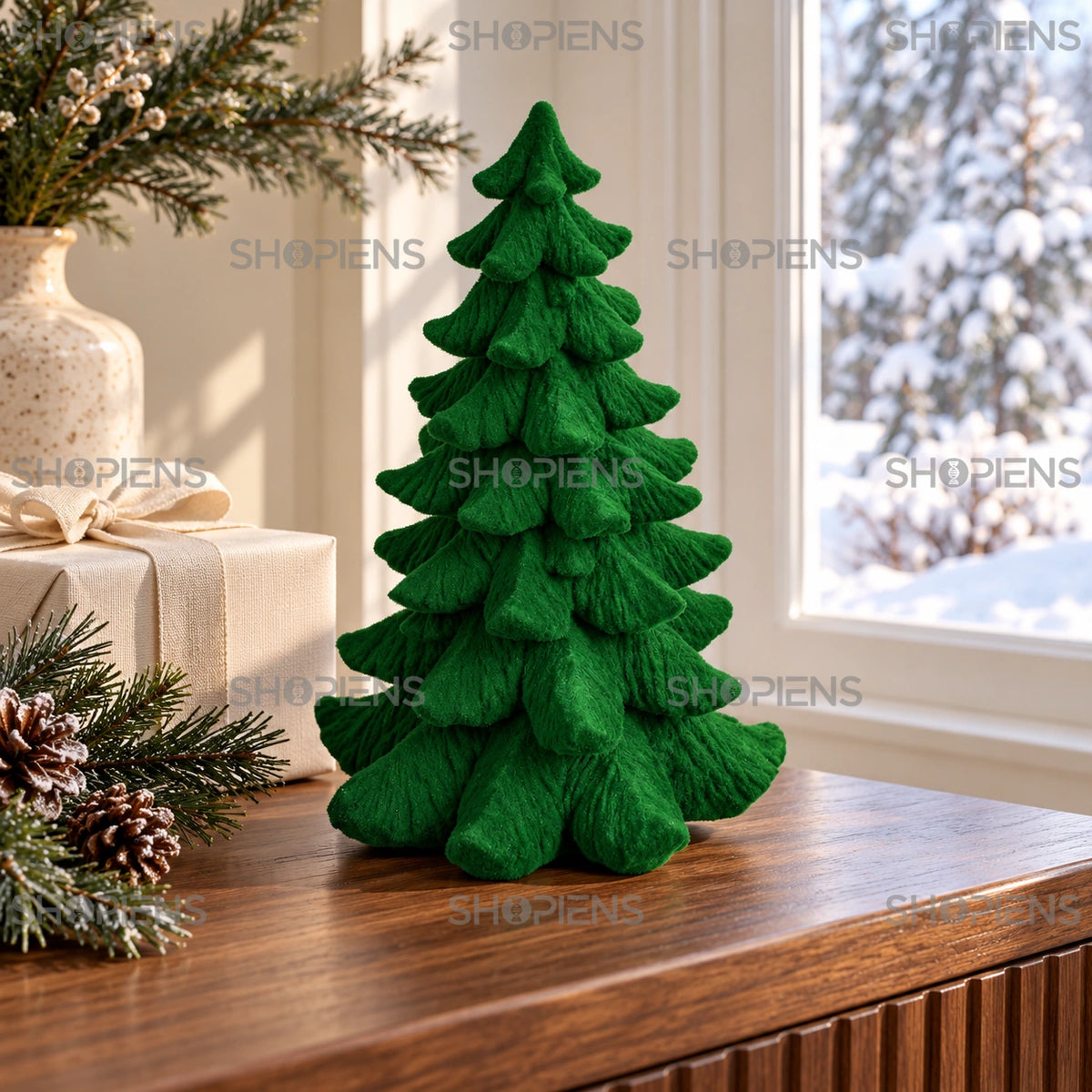 Brăduț ornamental verde catifelat, 21 cm pe o consolă lângă fereastră, într-un decor de iarnă | Shopiens®