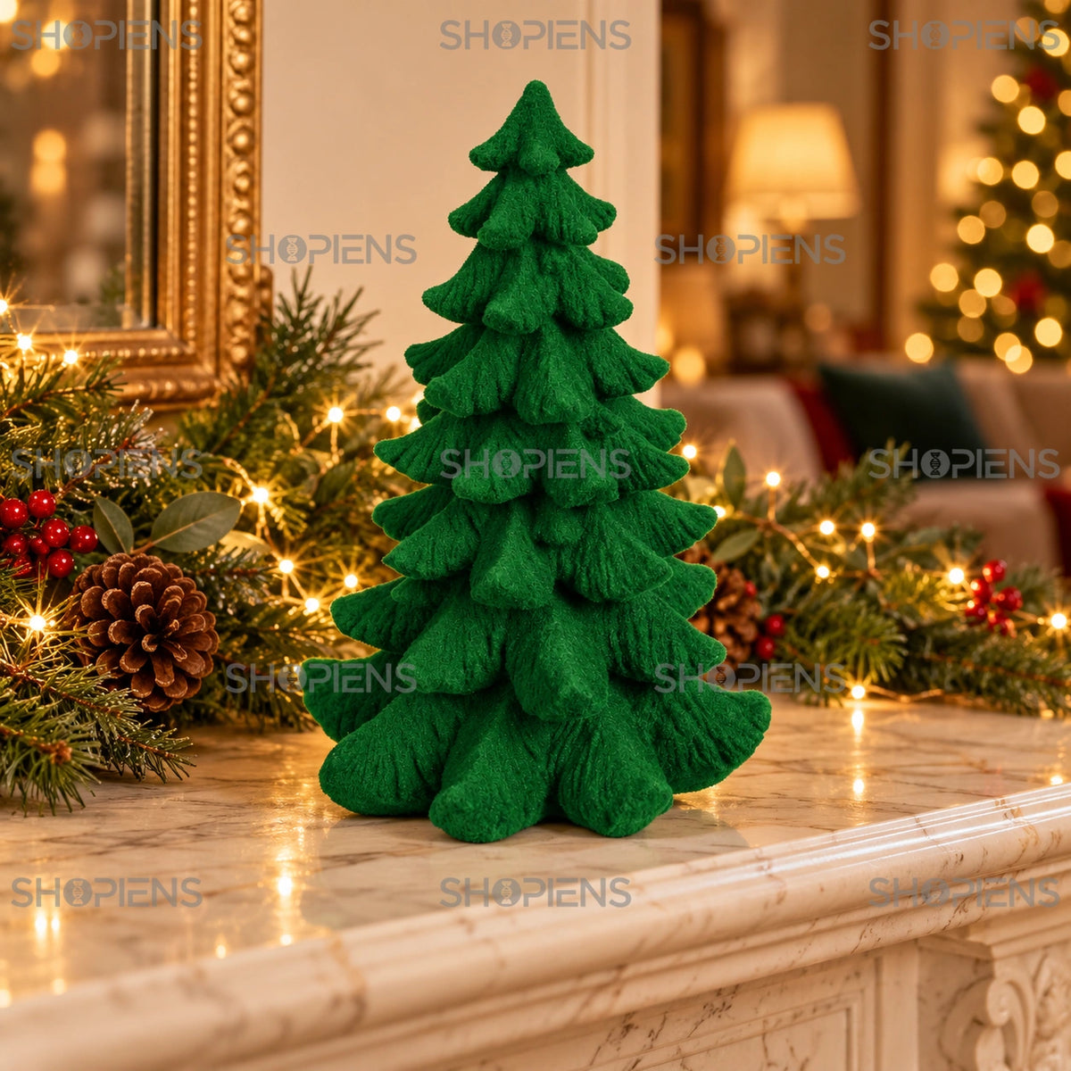 Brăduț ornamental verde catifelat, 21 cm pe șemineu, într-un decor de seară cu lumini de Crăciun | Shopiens®