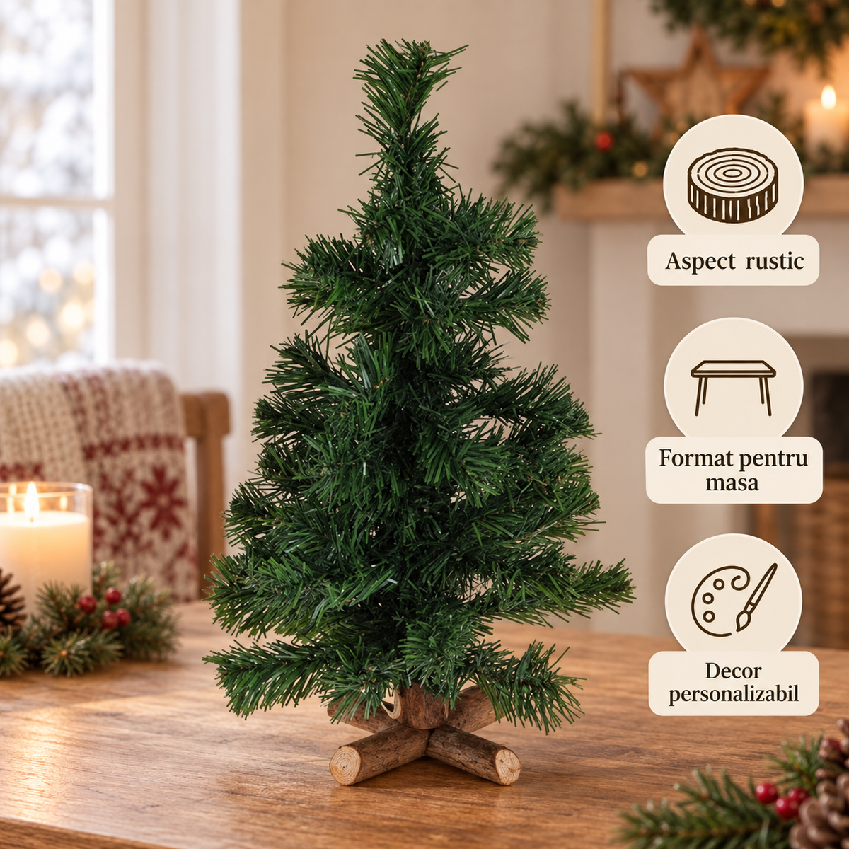 Bradut Verde Cu 45 De Ramuri Si Baza Rustica - avantaje - Shopiens