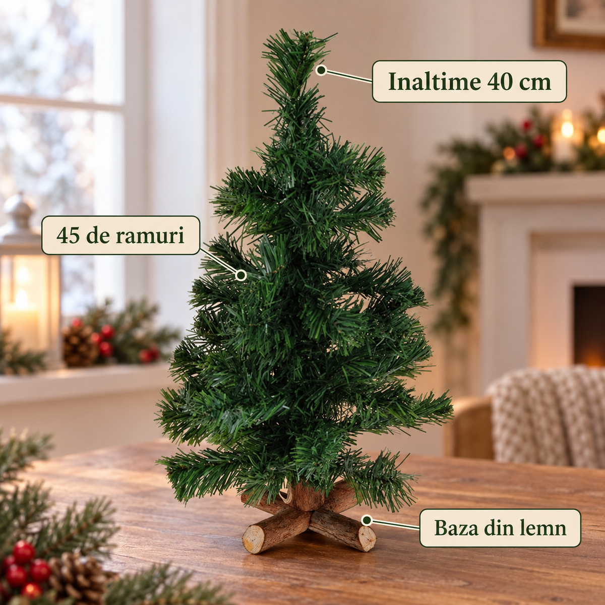 Bradut Verde Cu 45 De Ramuri Si Baza Rustica - specificatii - Shopiens