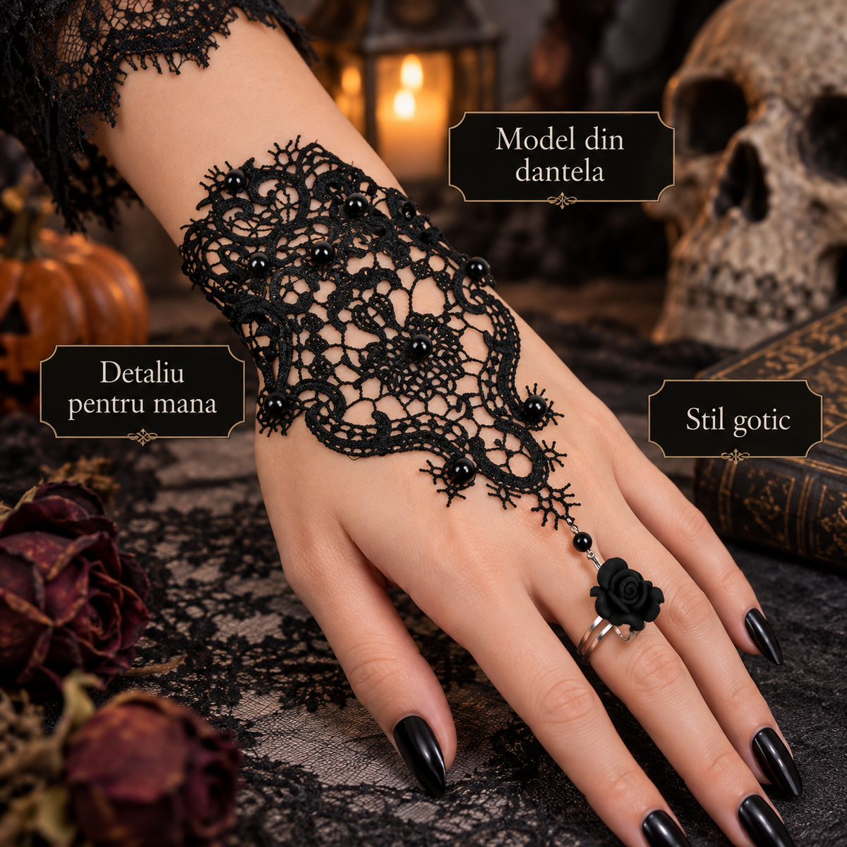 Bratara Cu Inel Si Dantela Neagra Pentru Look Gotic - avantaje - Shopiens